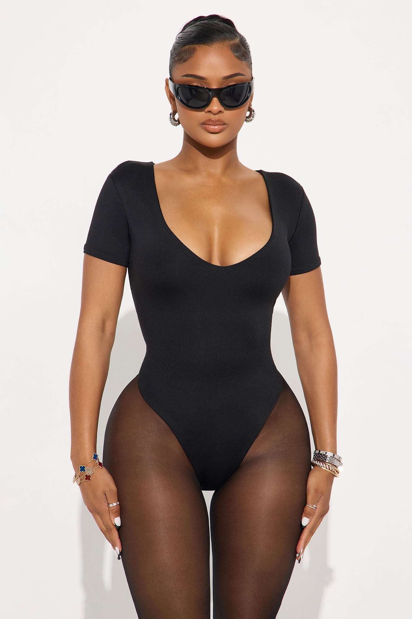 Contour Double Lined Short Sleeve High Cut Bodysuit - Black