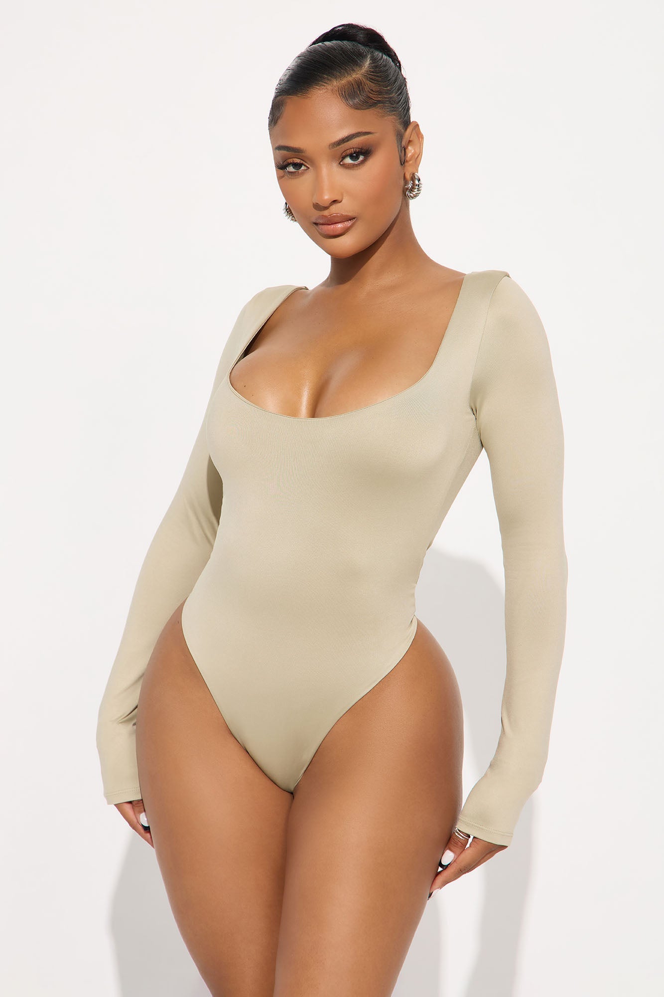 Contour Double Lined Long Sleeve Wide Scoop Neck Bodysuit - Stone