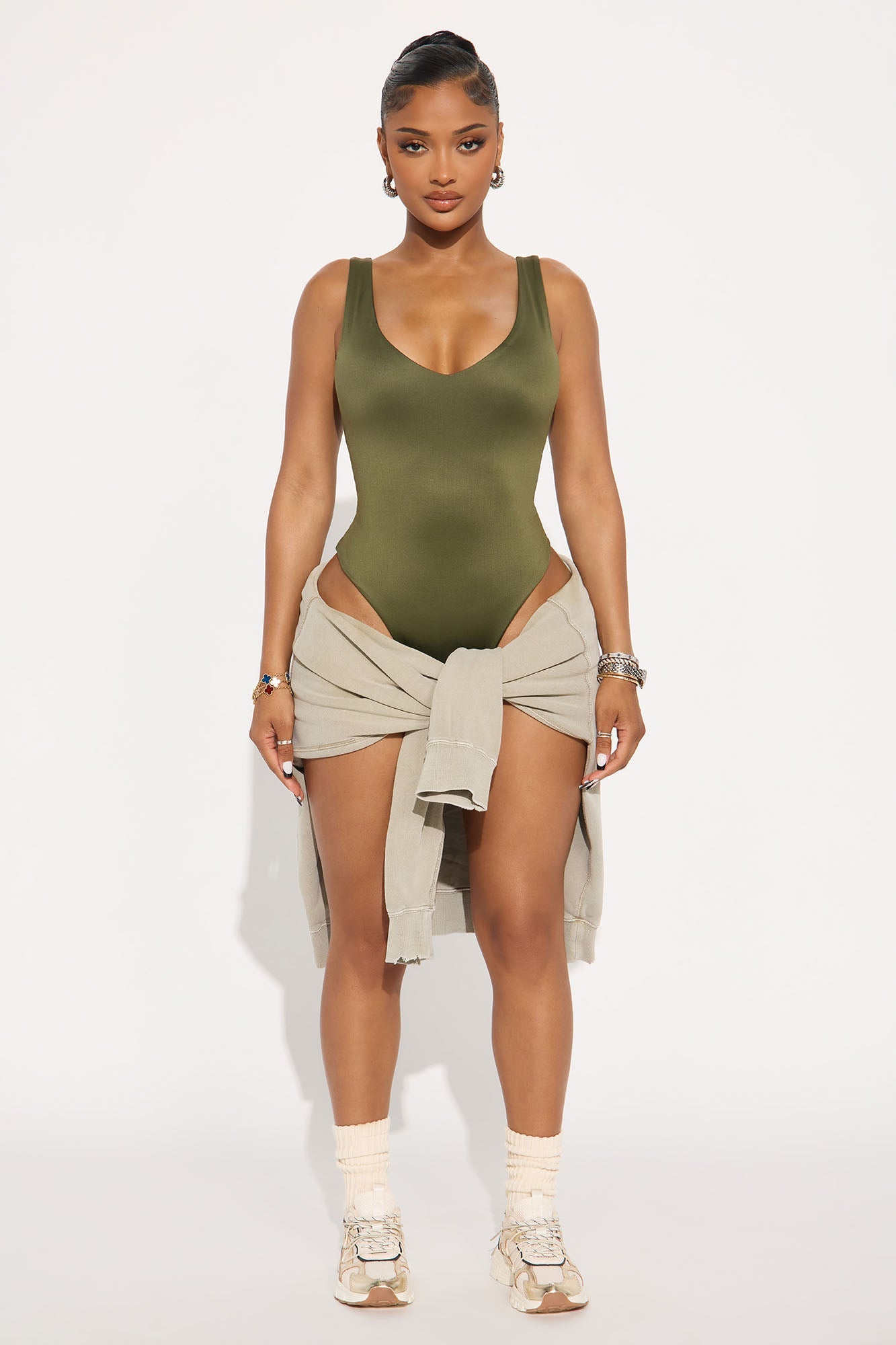 Contour Double Lined V-Neck Bodysuit - Military Green