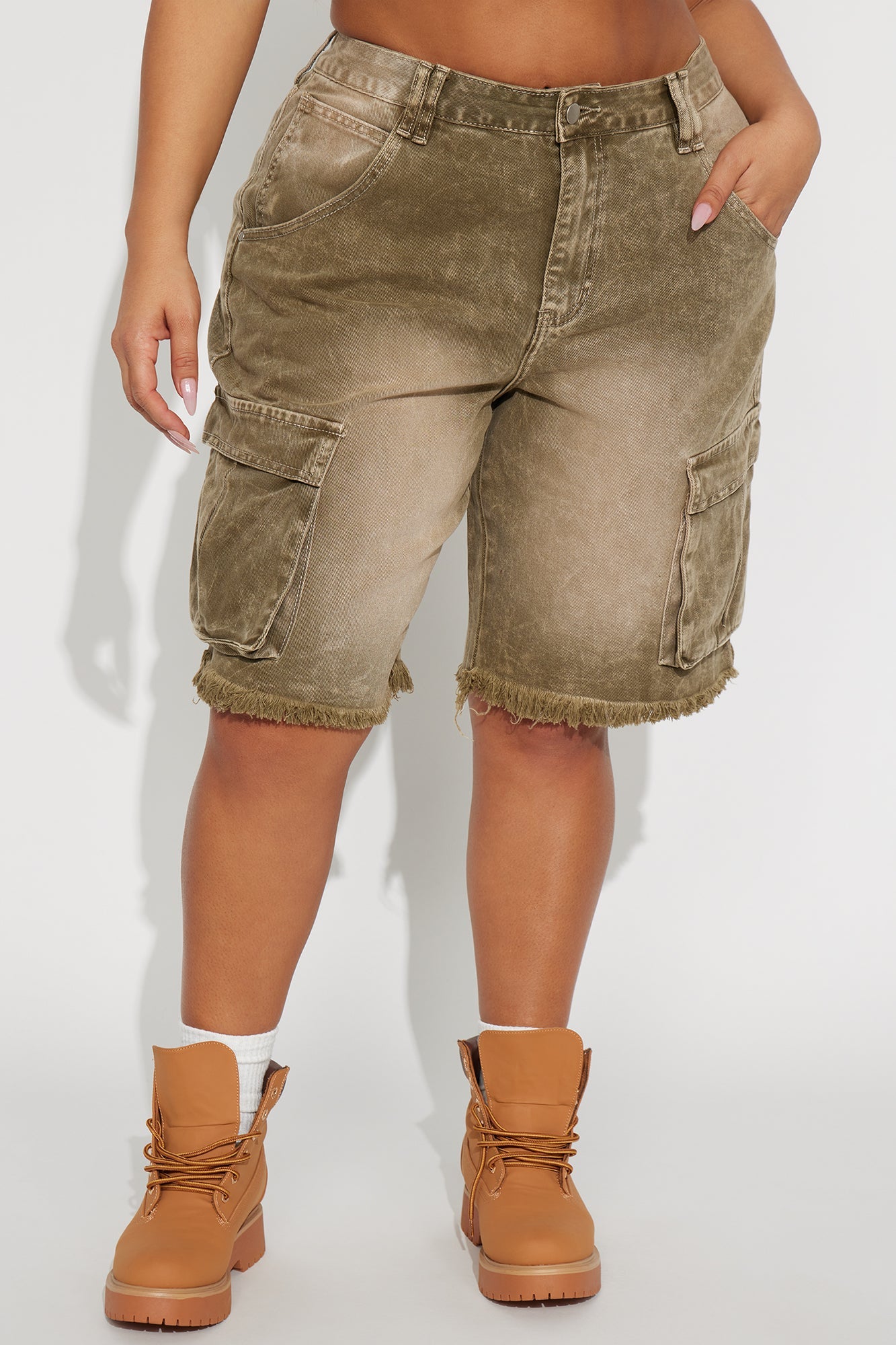 Live And Learn Cargo Denim Jorts - Olive