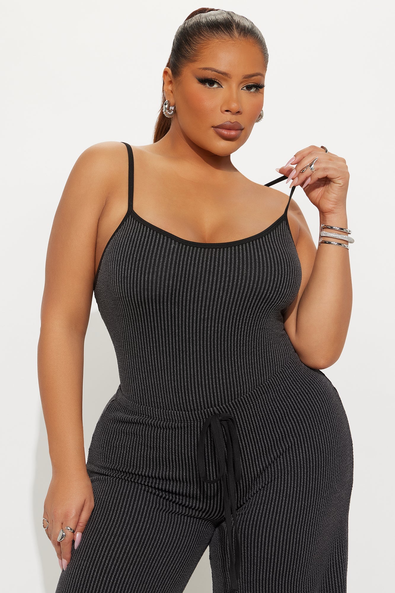 Paulette Ribbed Bodysuit Pant Set - Black