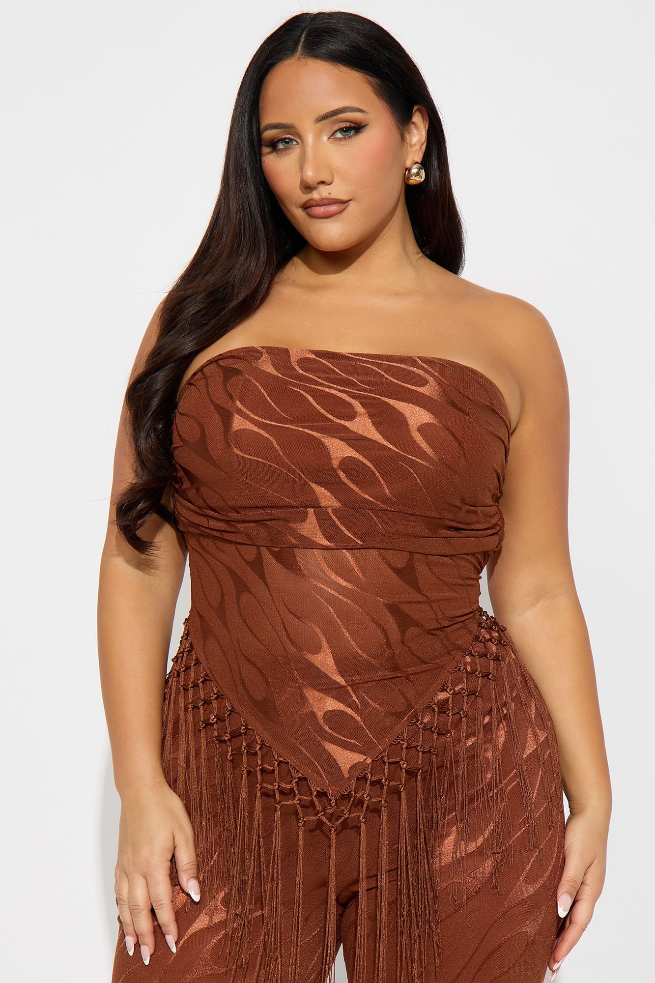 Pia Fringe Tube Top Flare Pant Set - Rust