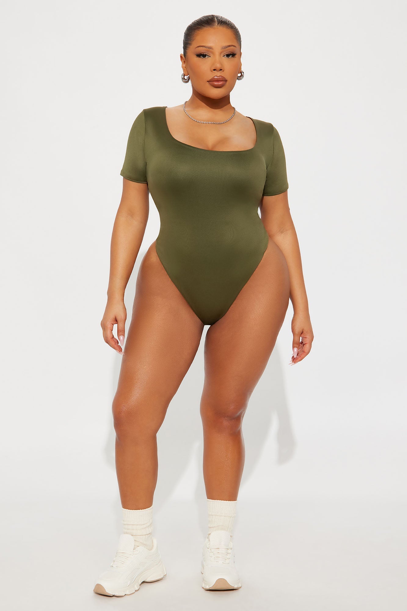 Contour Double Lined Short Sleeve Scoop Neck Bodysuit - Military Green