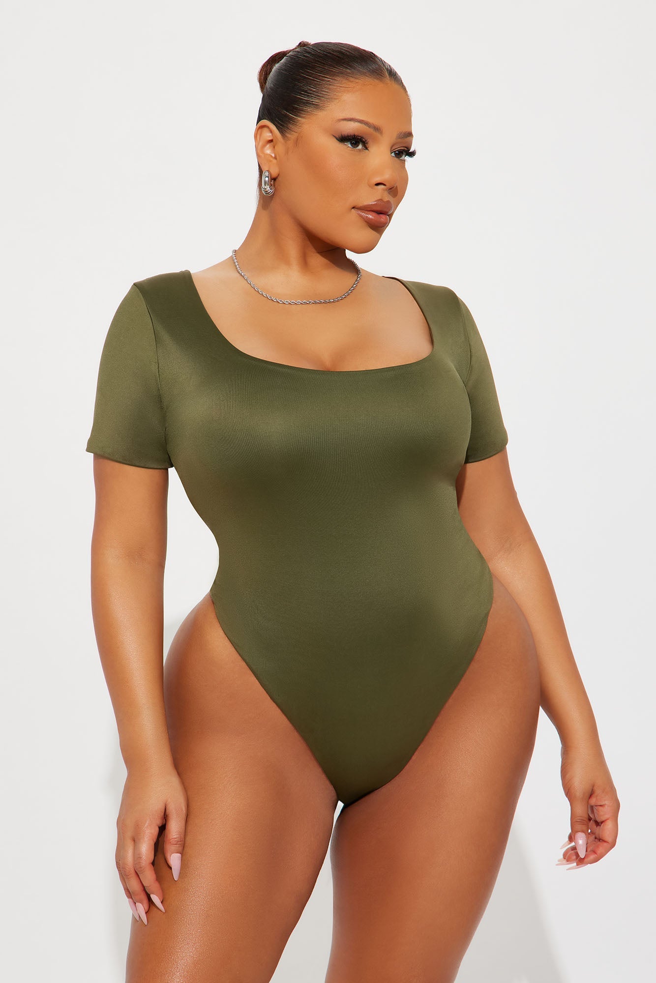 Contour Double Lined Short Sleeve Scoop Neck Bodysuit - Military Green