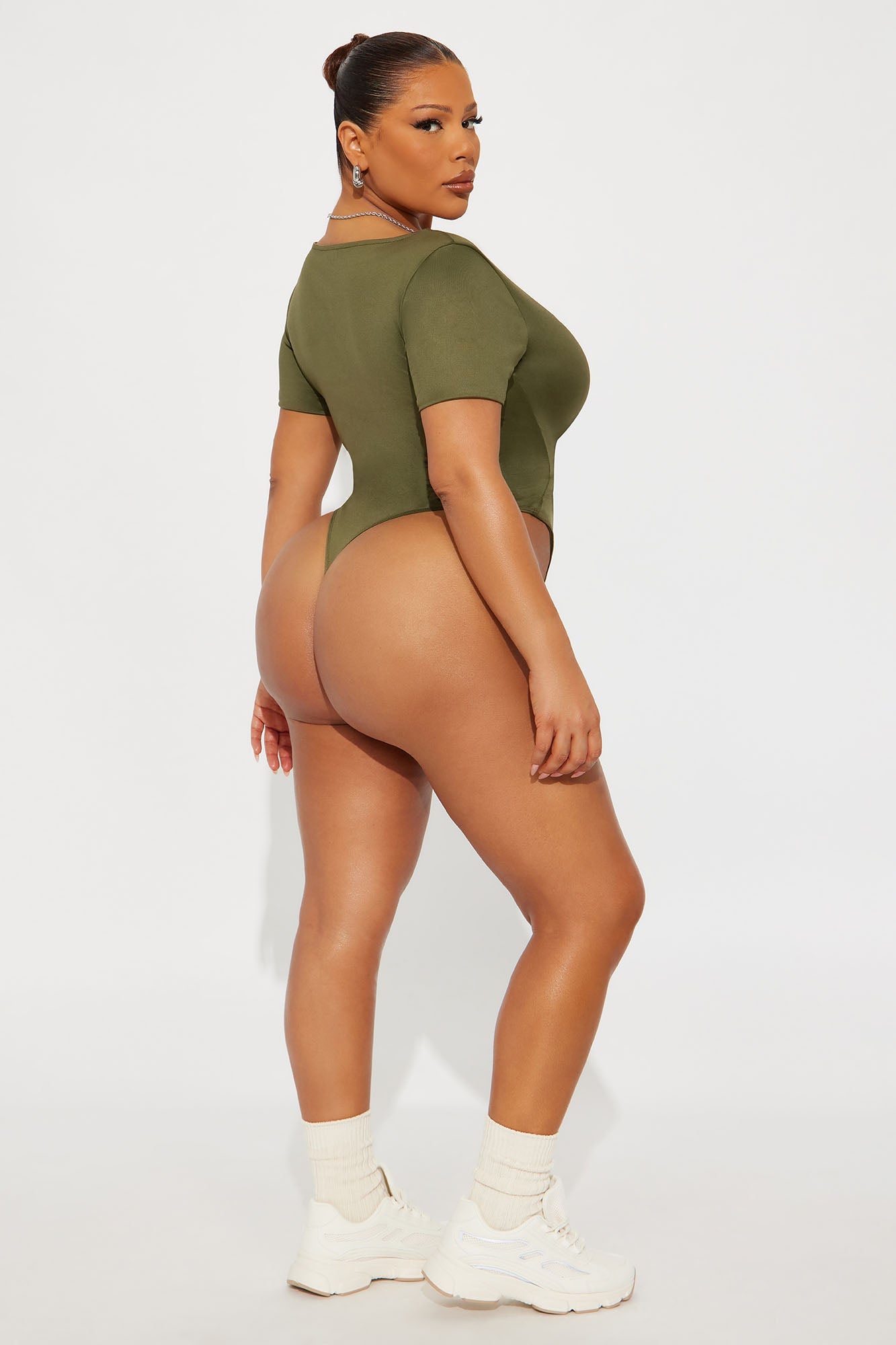 Contour Double Lined Short Sleeve Scoop Neck Bodysuit - Military Green