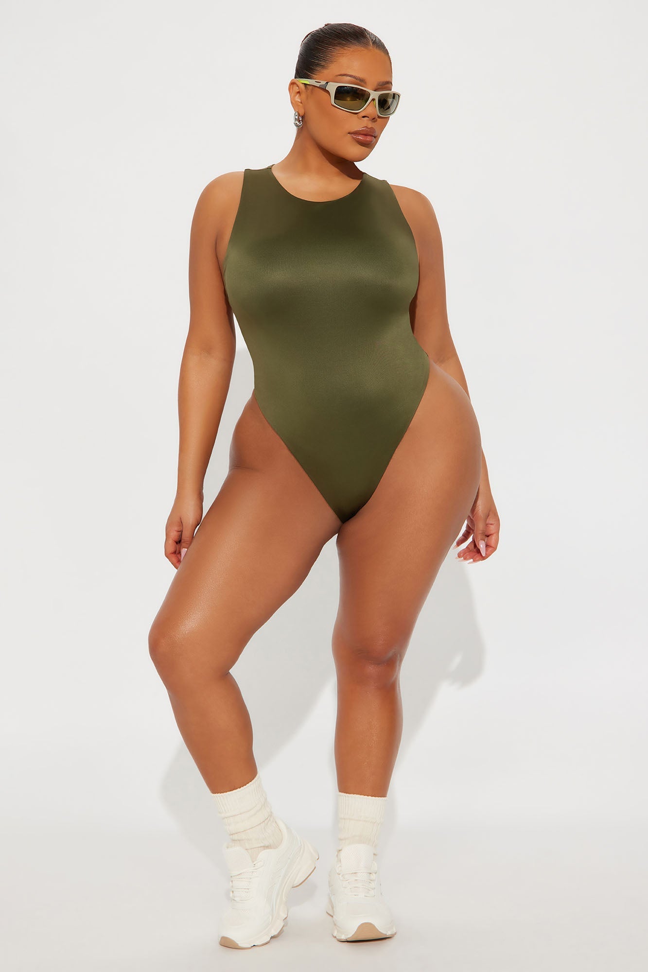 Contour Double Lined Scoop Neck Bodysuit - Military Green