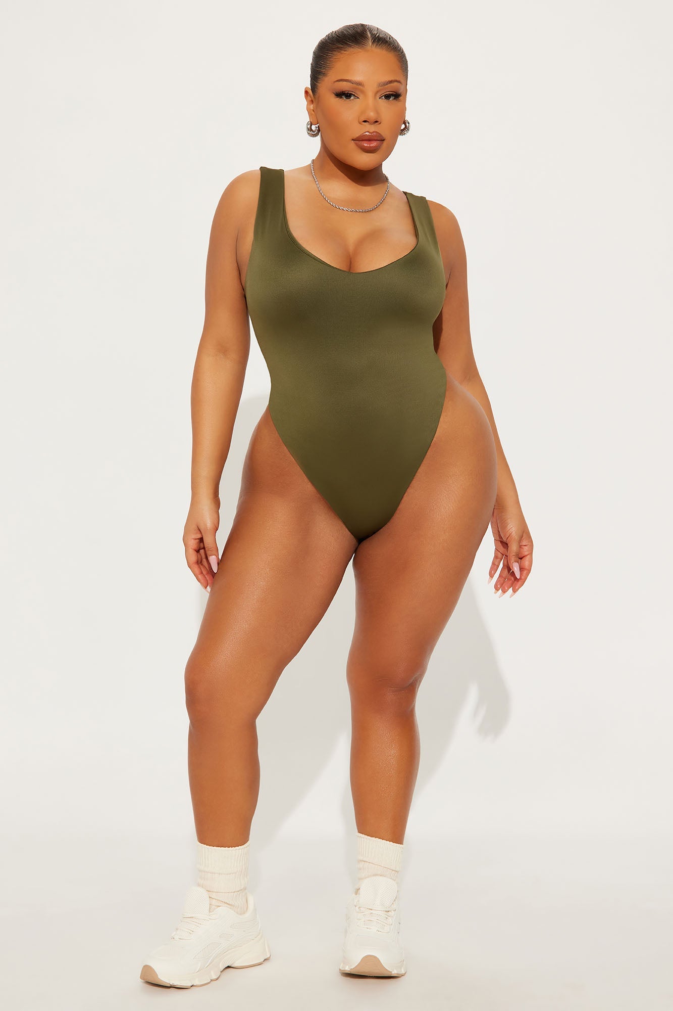 Contour Double Lined V-Neck Bodysuit - Military Green