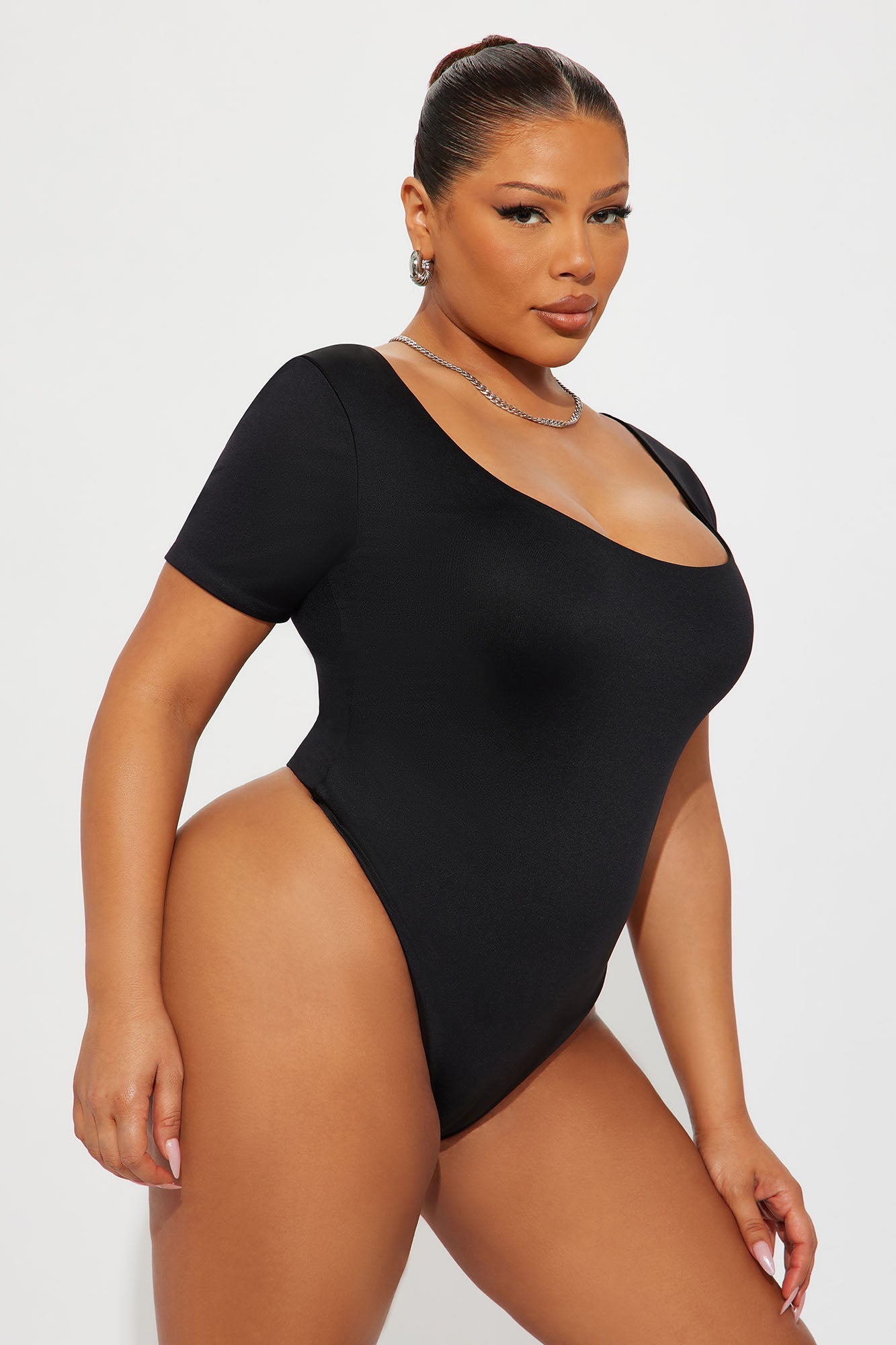 Contour Double Lined Short Sleeve Scoop Neck Bodysuit - Black