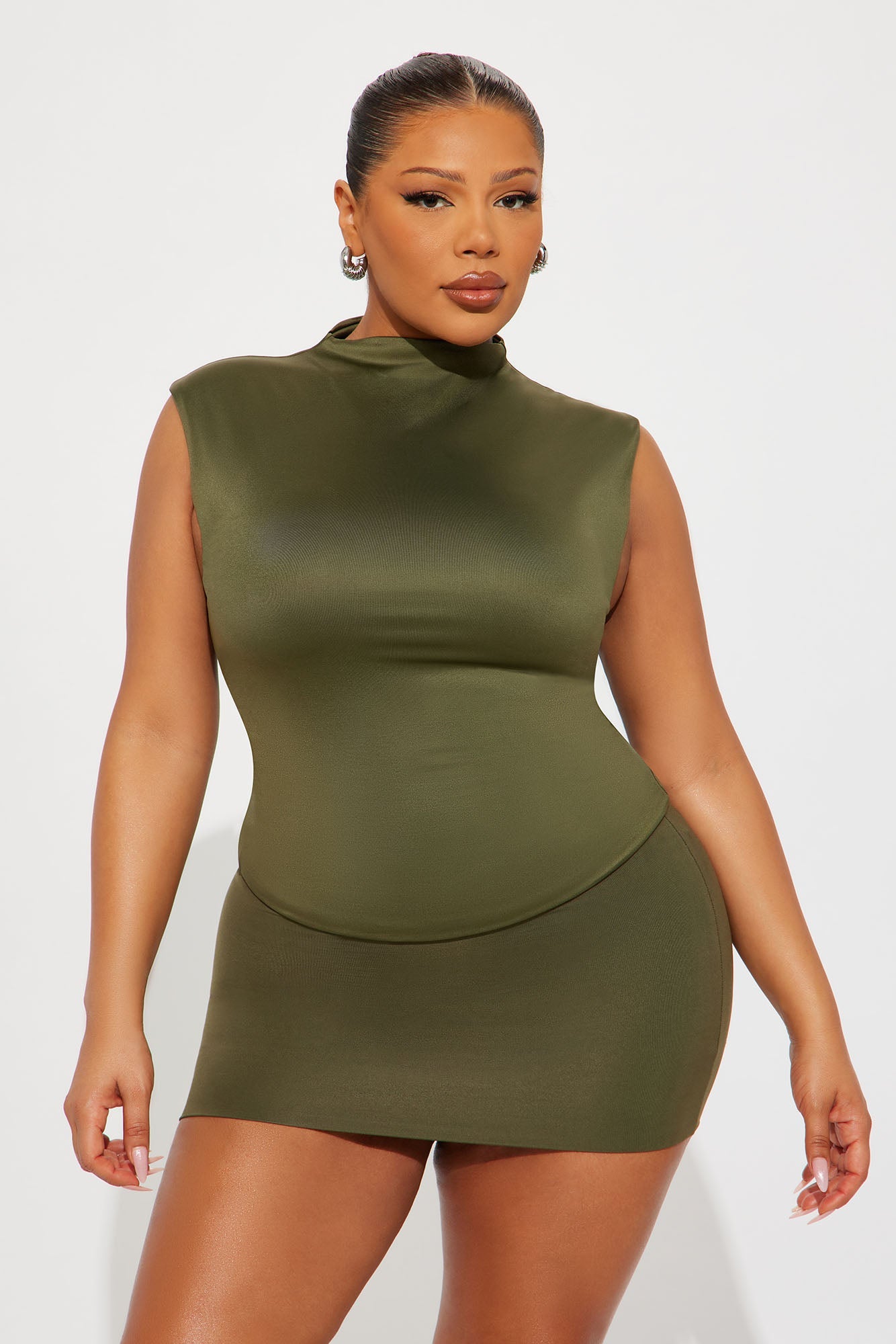 Contour Double Lined Mock Neck Top - Military Green