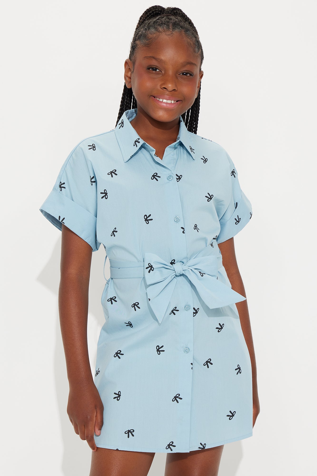 Mini Stephanie Bow Print Button Down Shirt Dress - Blue/combo