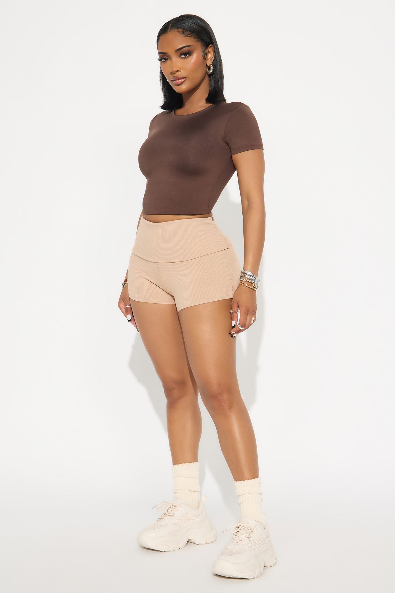 Ribbed Foldover Shorts - Tan
