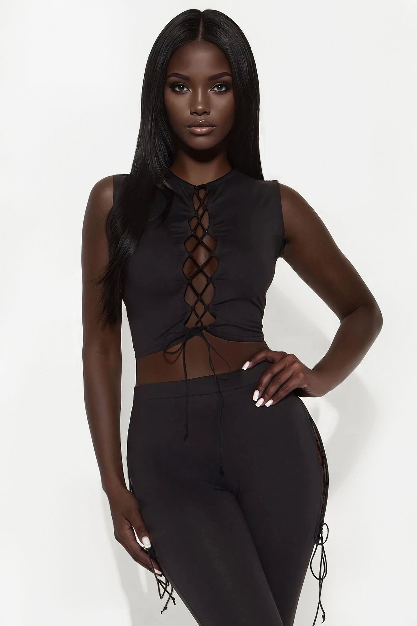 Emani Sleeveless Lace Up Flare Leg Pant Set - Black