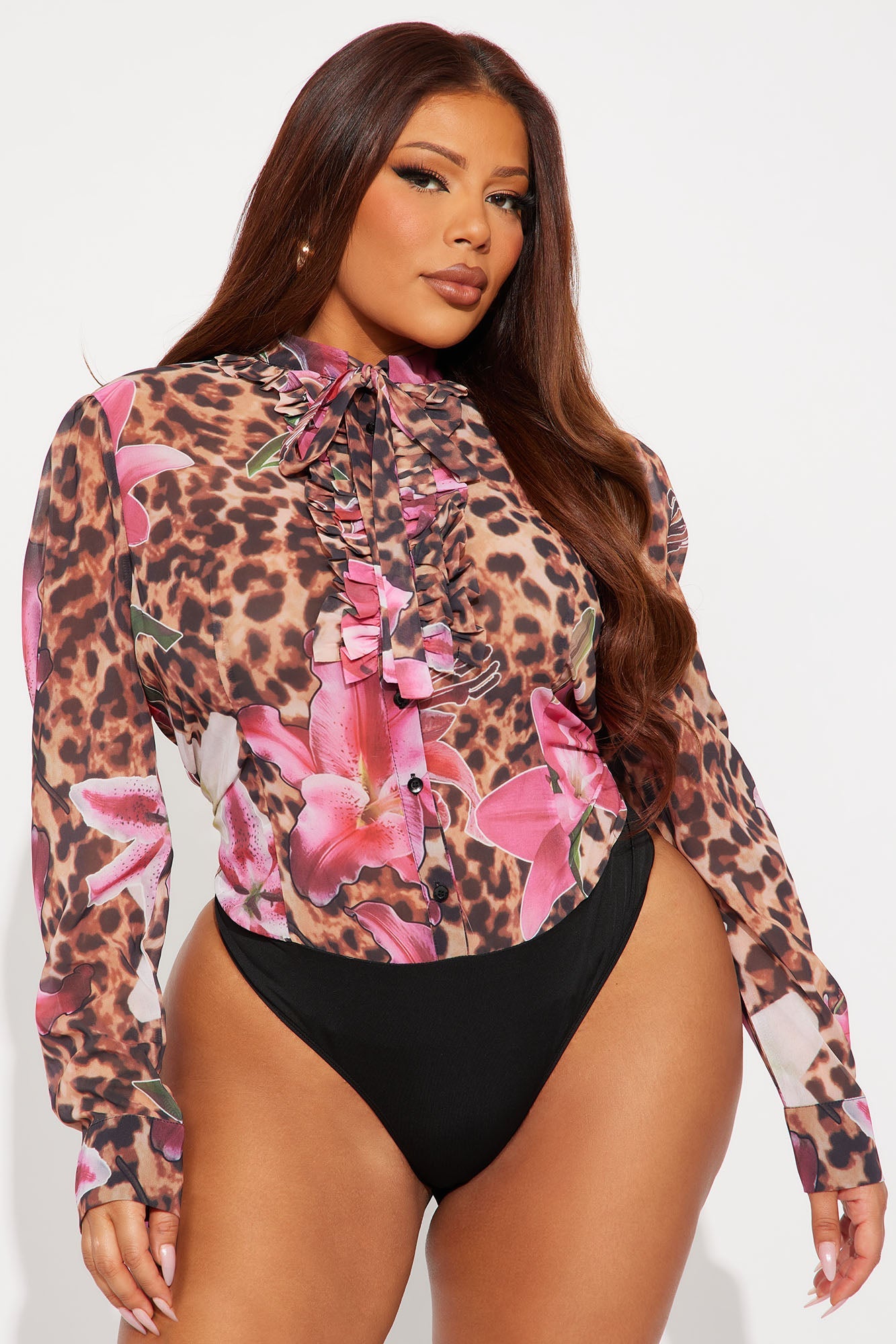 Mishelle Chiffon Floral Leopard Bodysuit - Brown/combo