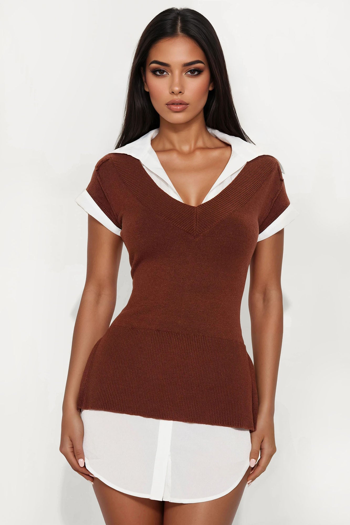 Tali Button Up Sweater Mini Dress - Brown/combo