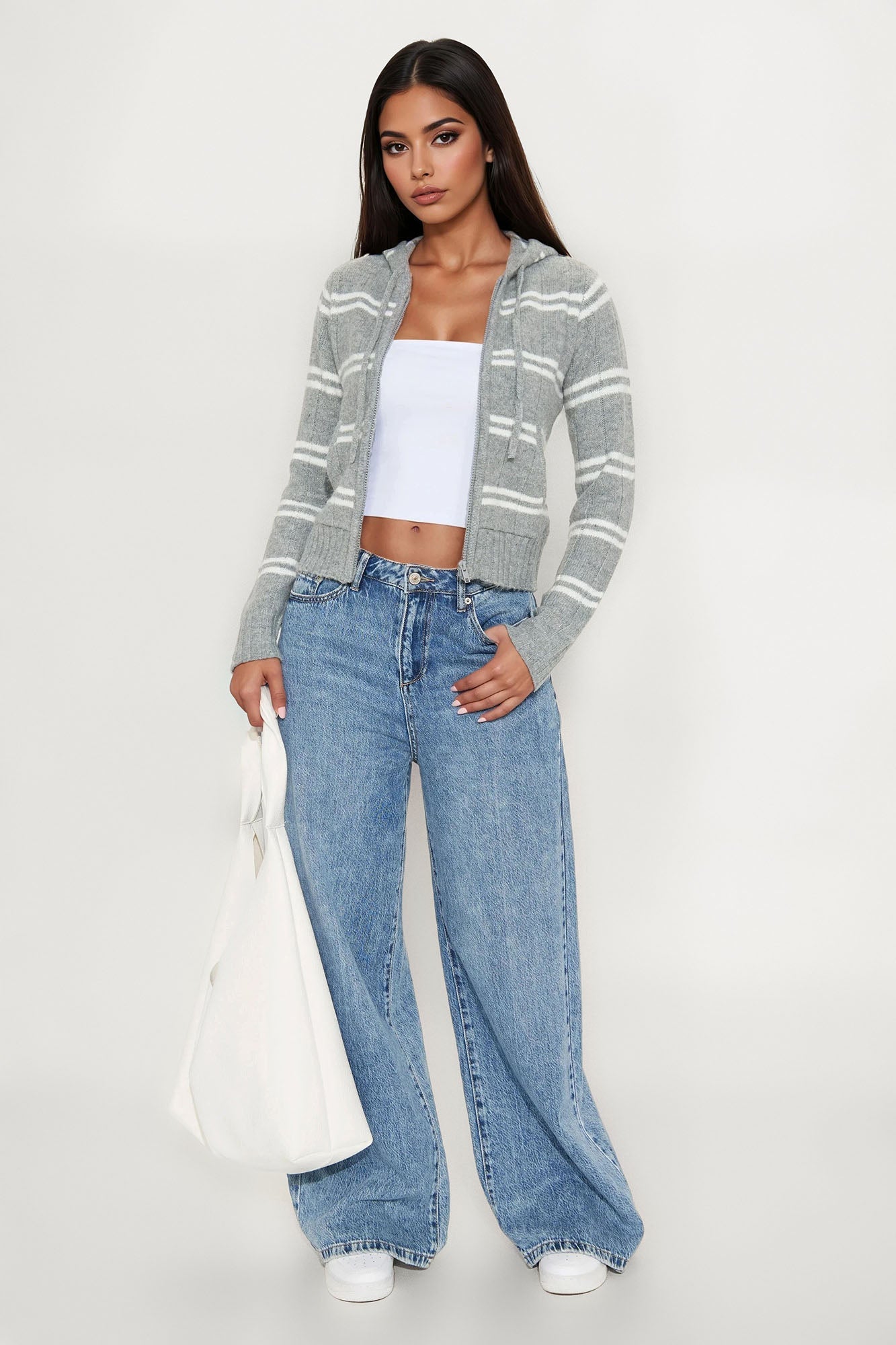 Striped Life Zip Front Hoodie - Heather Grey
