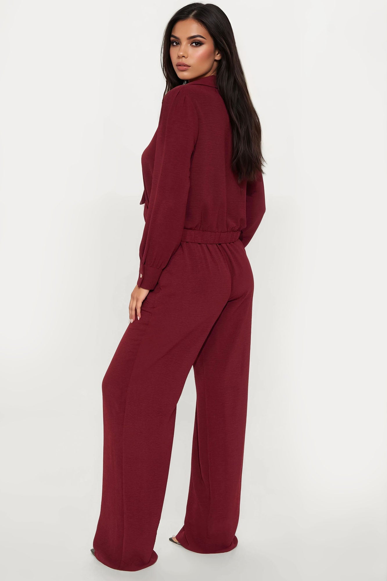Sleek Statement Long Sleeve Pant Set - Wine