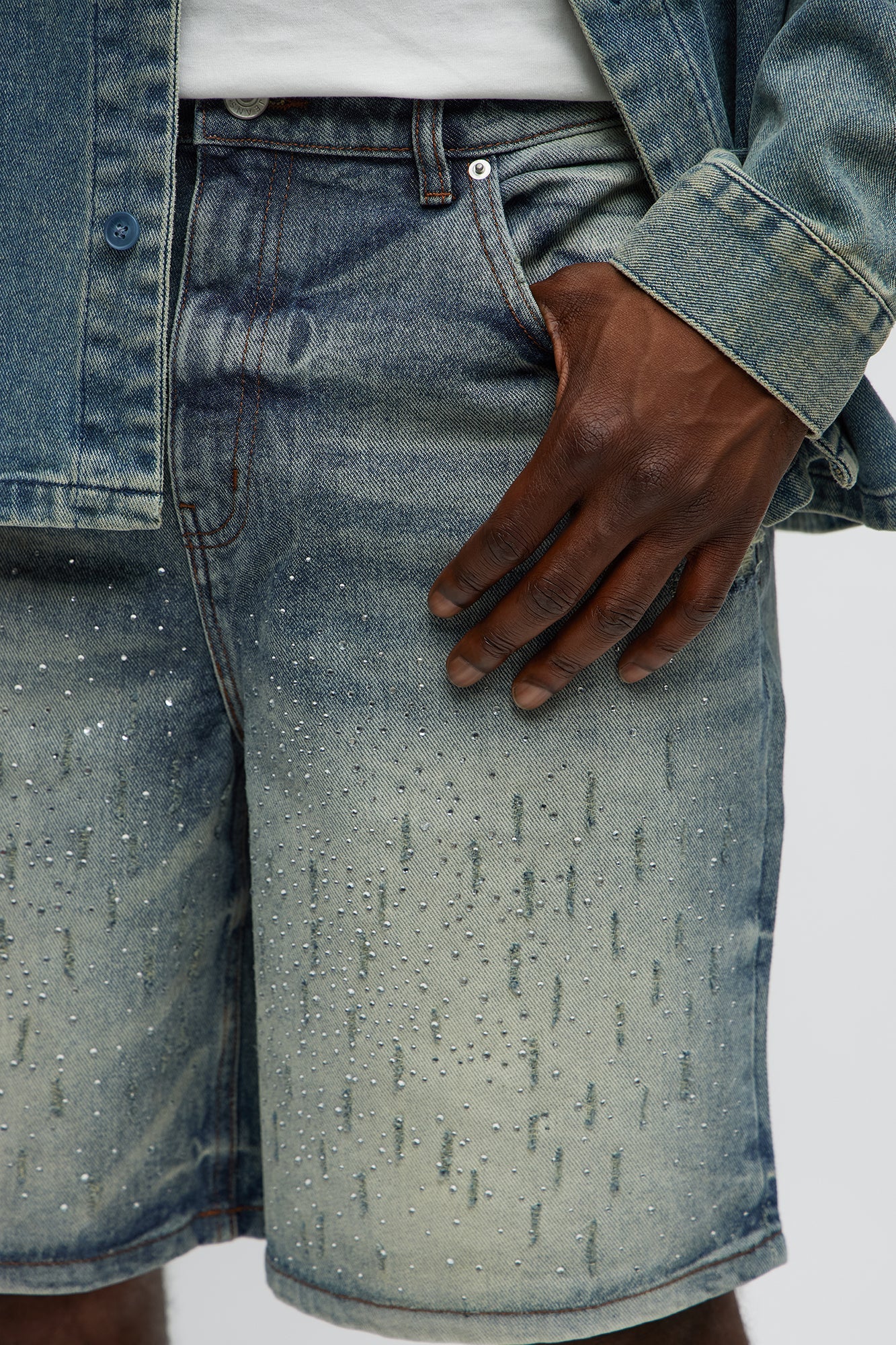 Young Star Jeweled Relaxed Denim Shorts - Medium Blue Wash
