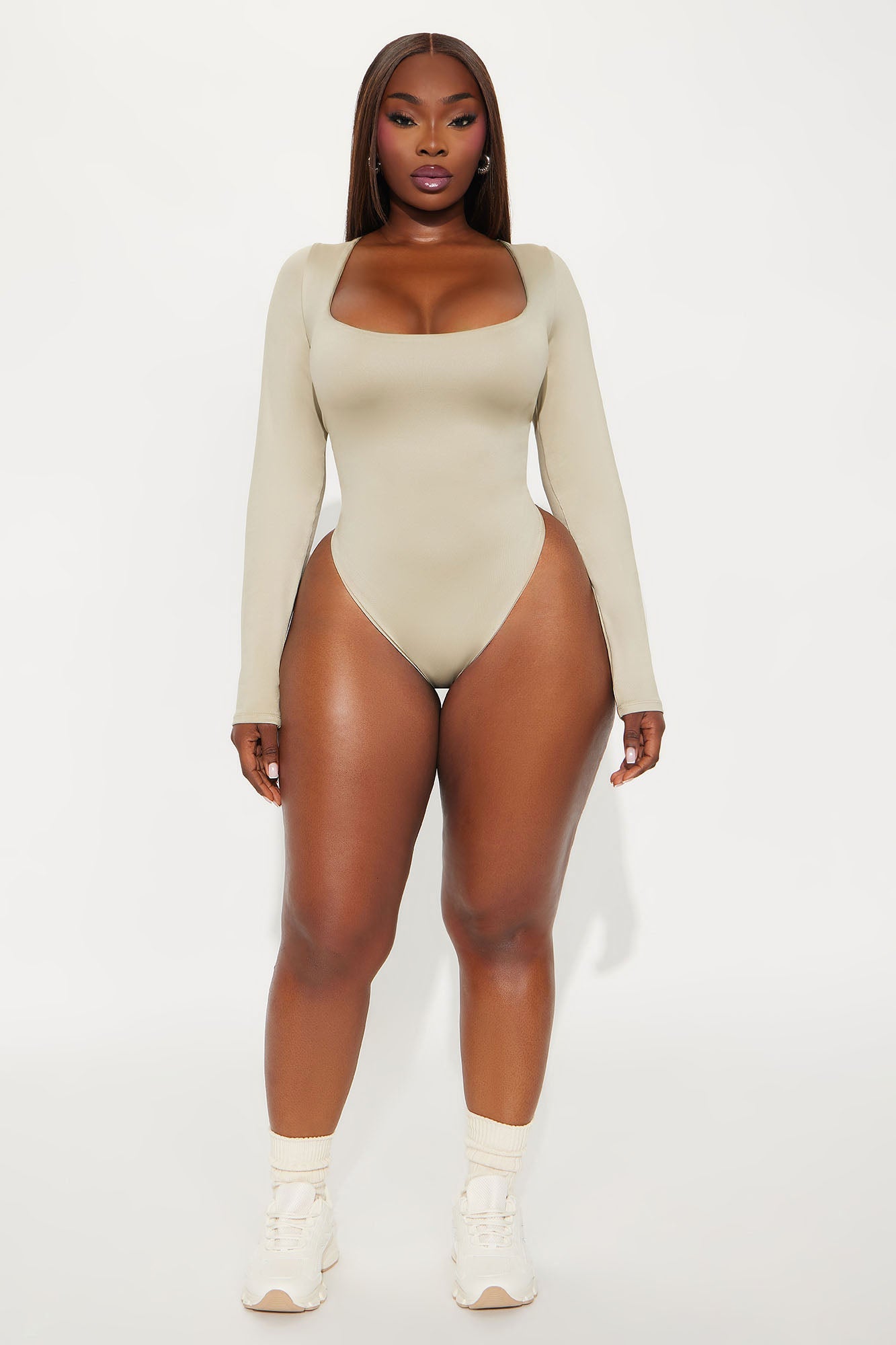 Contour Double Lined Long Sleeve Wide Scoop Neck Bodysuit - Stone