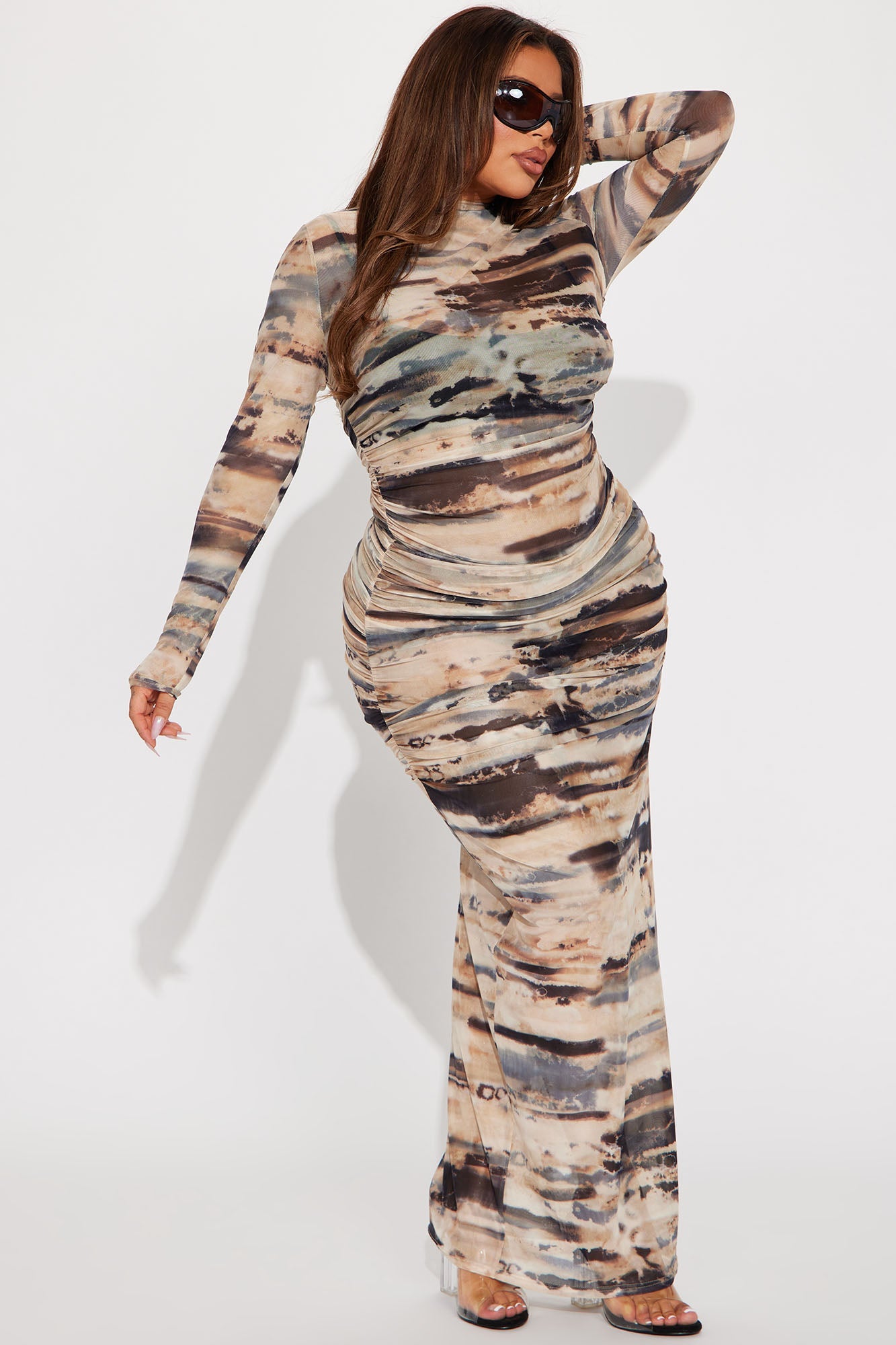Lily Mesh Maxi Dress Set - Brown/combo