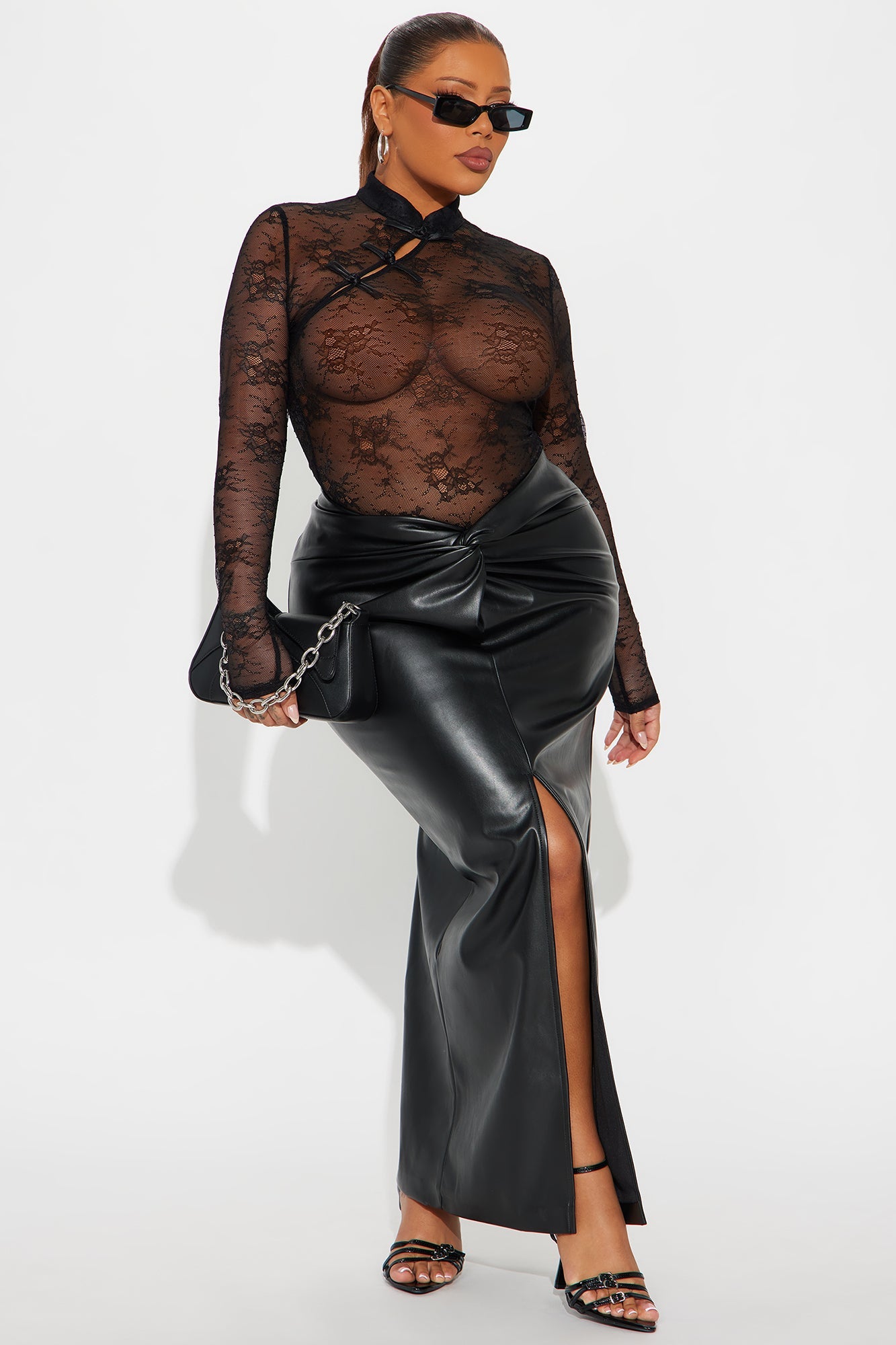 Under The Lights Sheer Lace Long Sleeve Bodysuit - Black