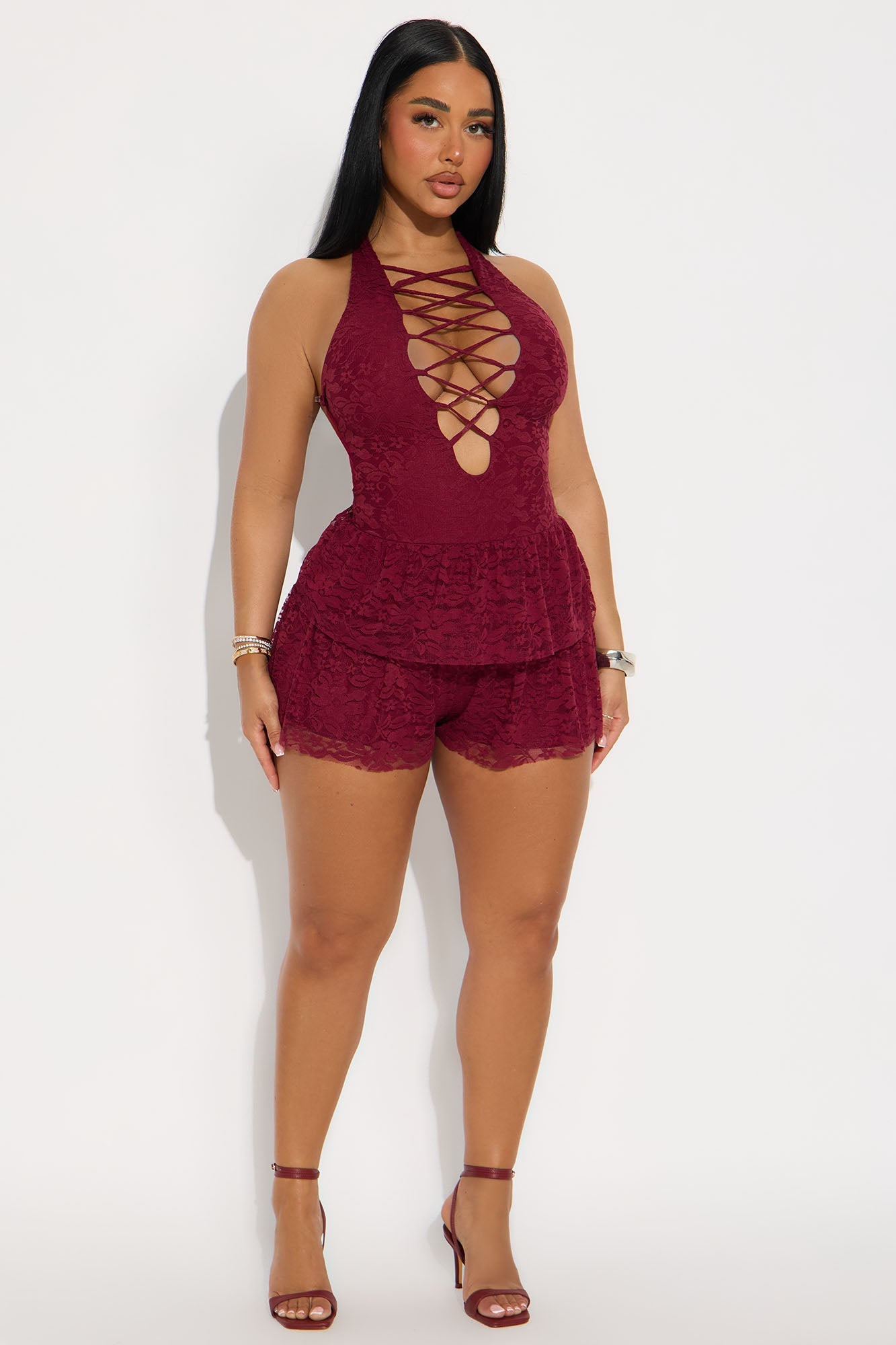 Valentina Halter Lace Romper - Burgundy