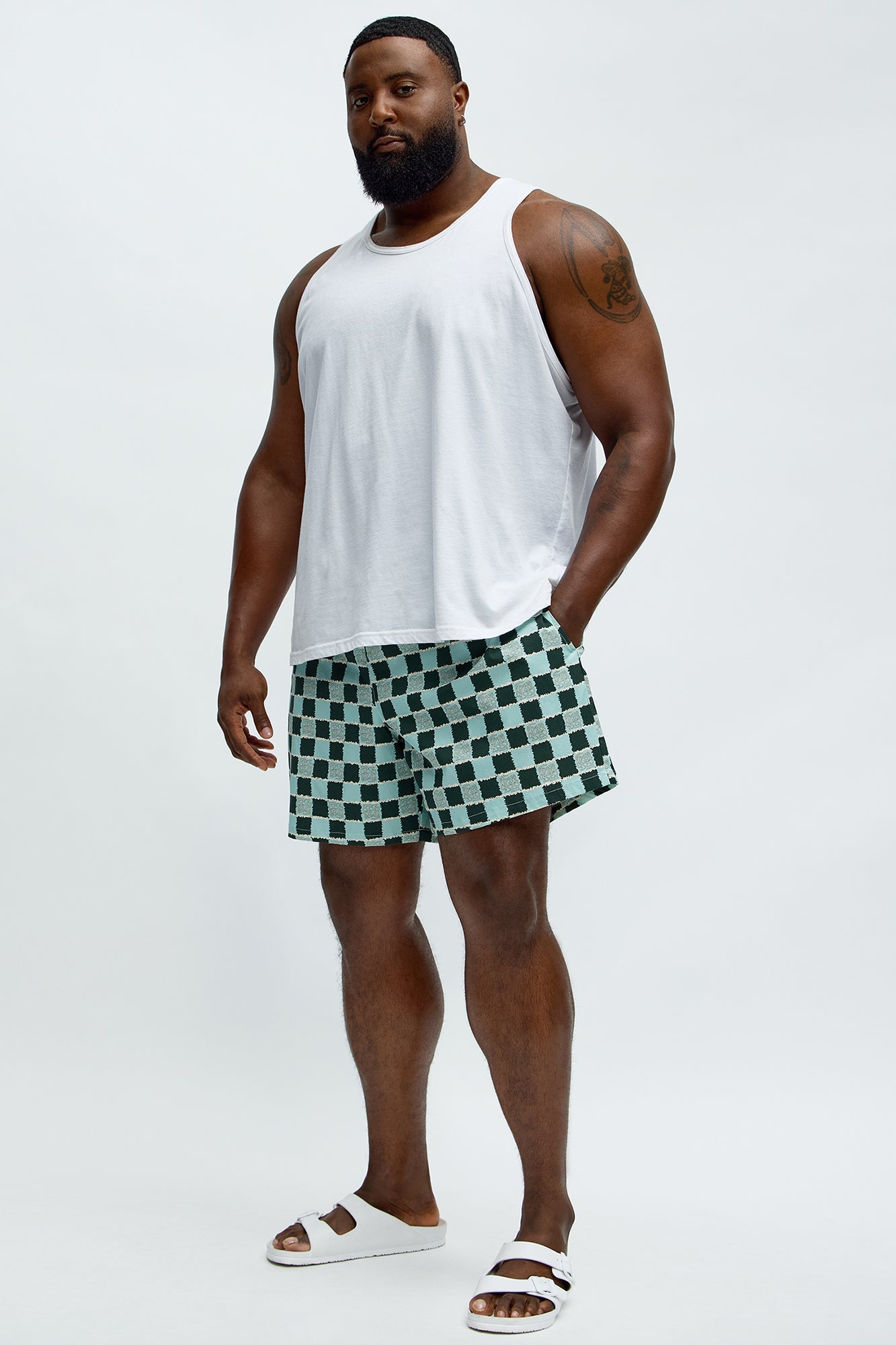 Coastal Squares Printed Checkered Swim Mid Trunk - Green/combo