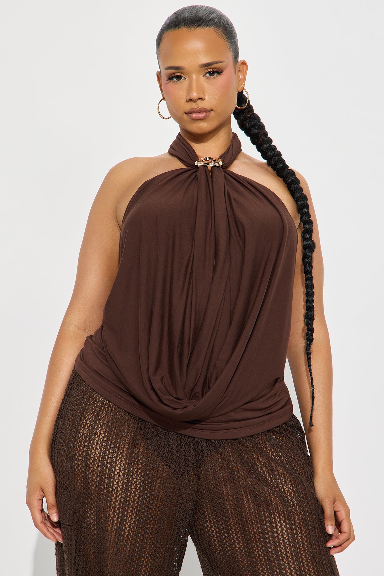 Dreamcatcher Draped Halter Top - Chocolate