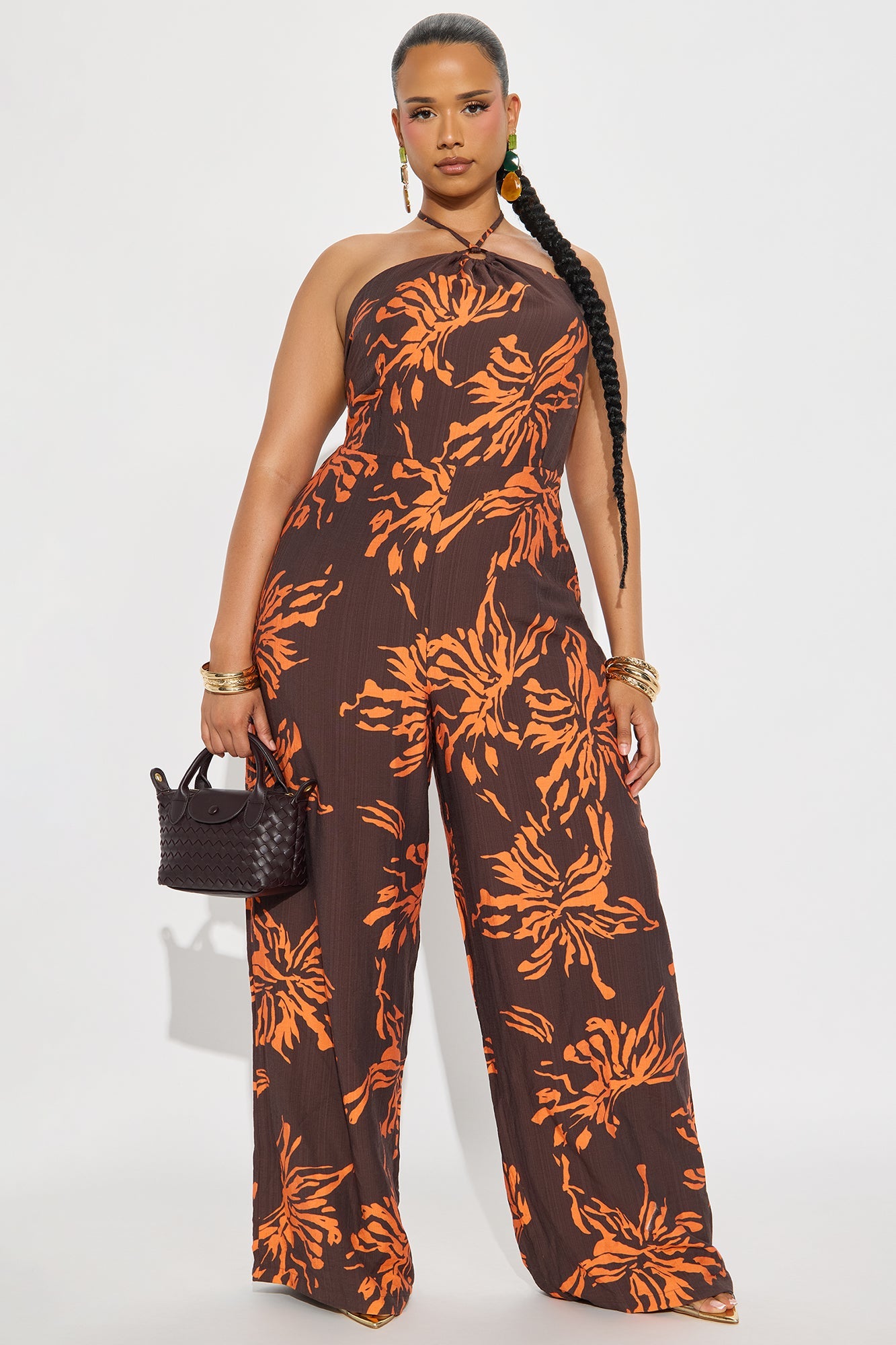 Serena Linen Halter Jumpsuit - Brown Combo