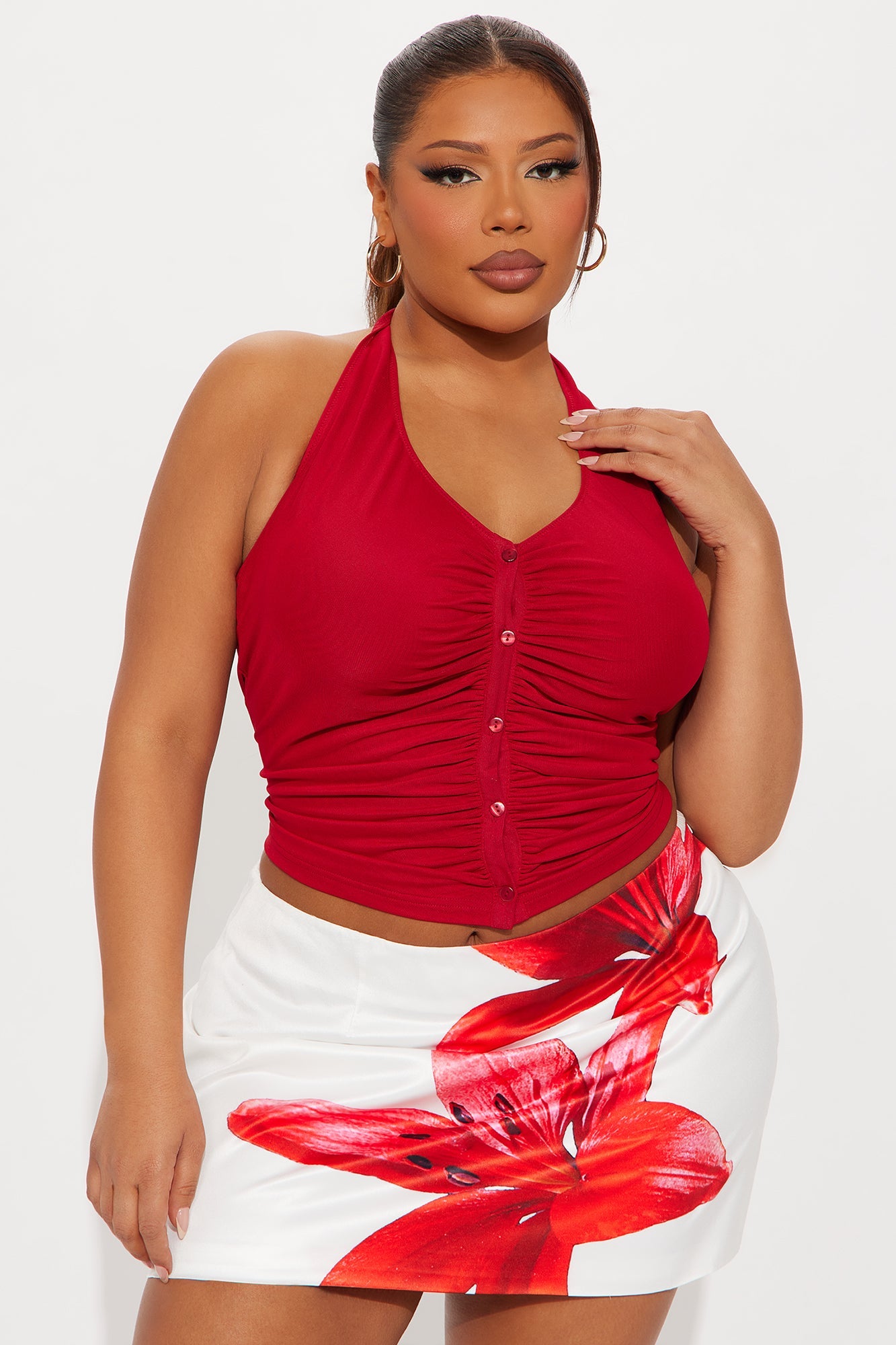 Samantha Mesh Button Up Halter Top - Red