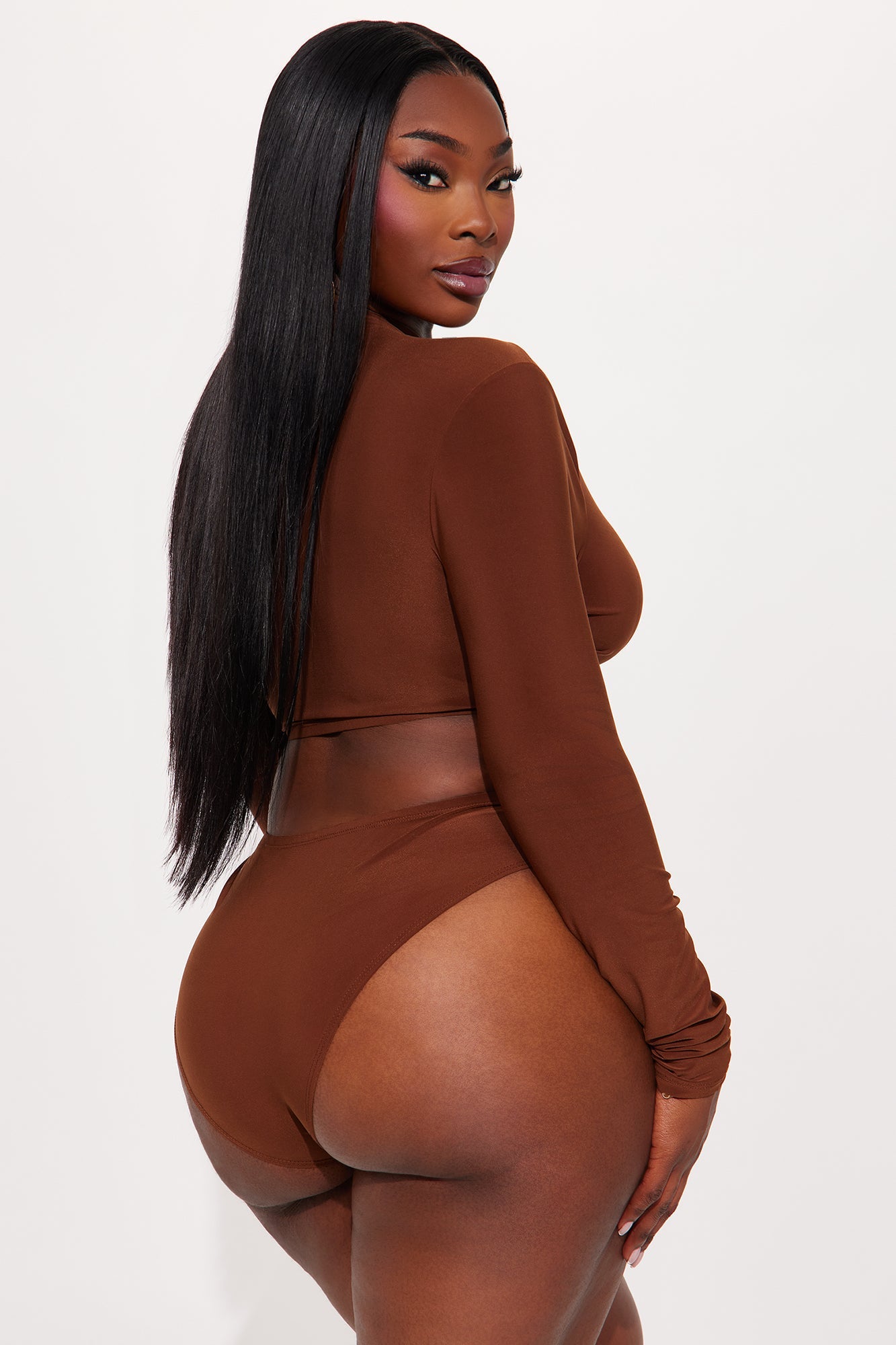 In Motion Long Sleeve Cut Out Bodysuit - Chocolate