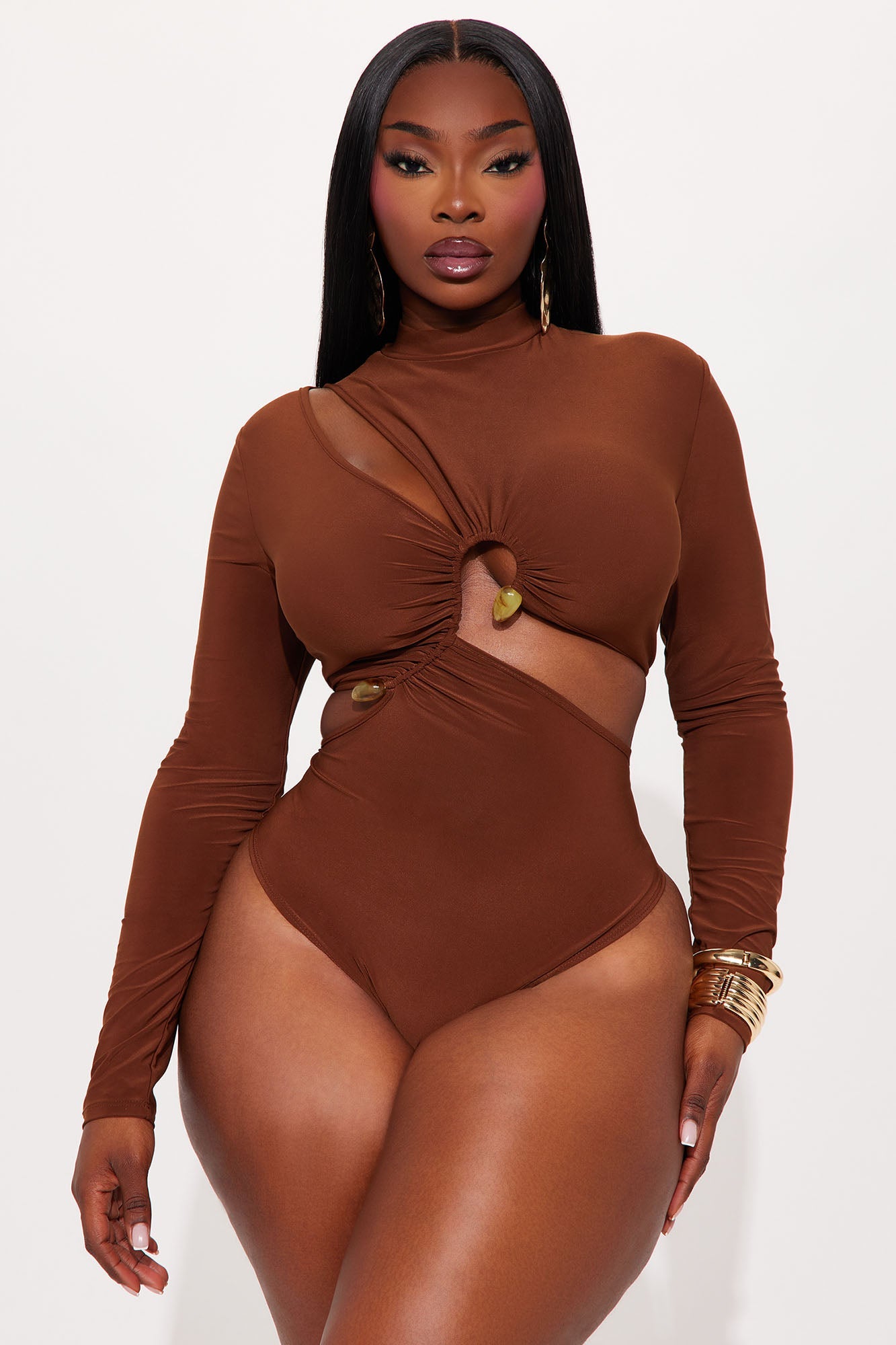 In Motion Long Sleeve Cut Out Bodysuit - Chocolate