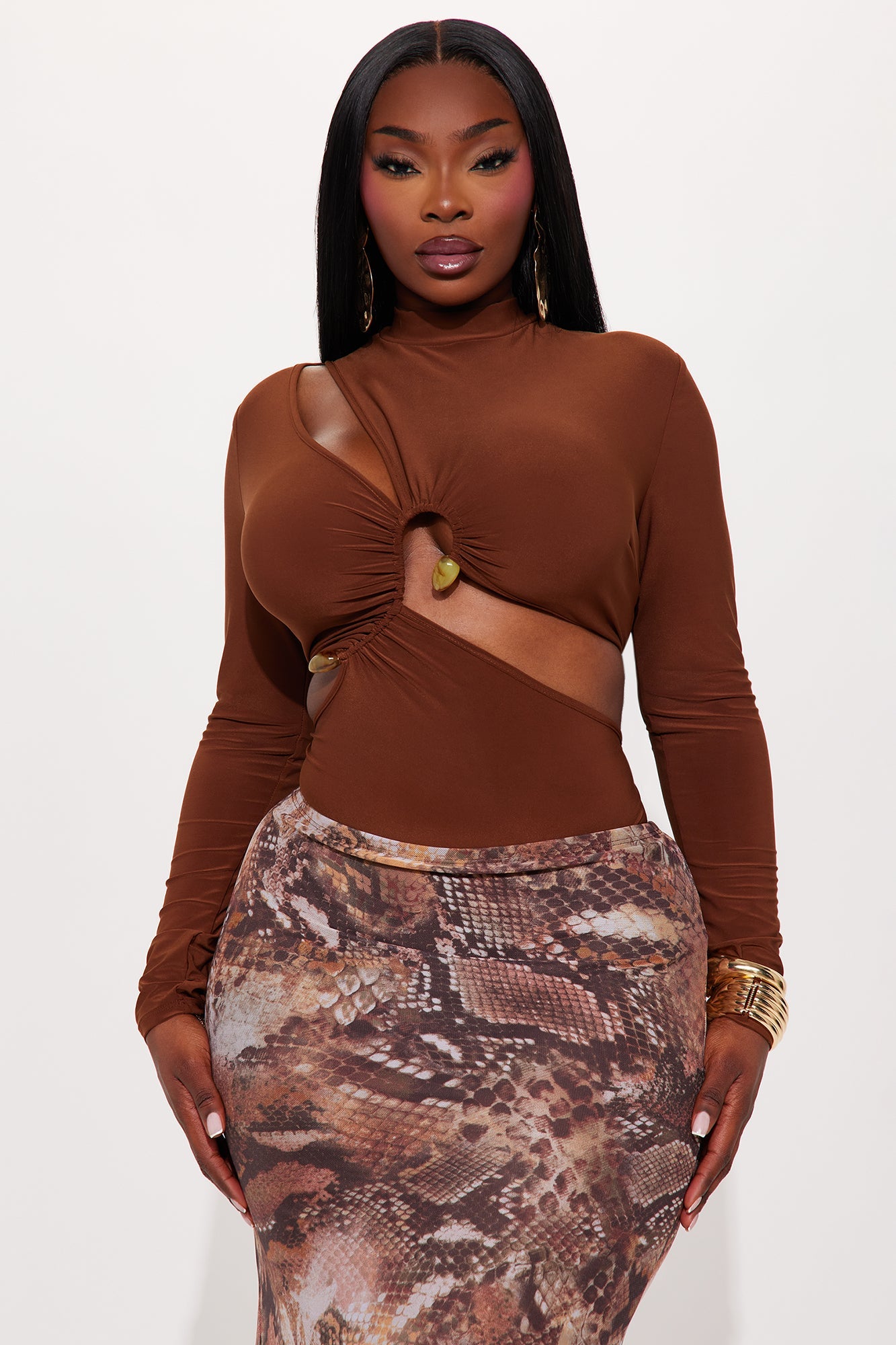 In Motion Long Sleeve Cut Out Bodysuit - Chocolate