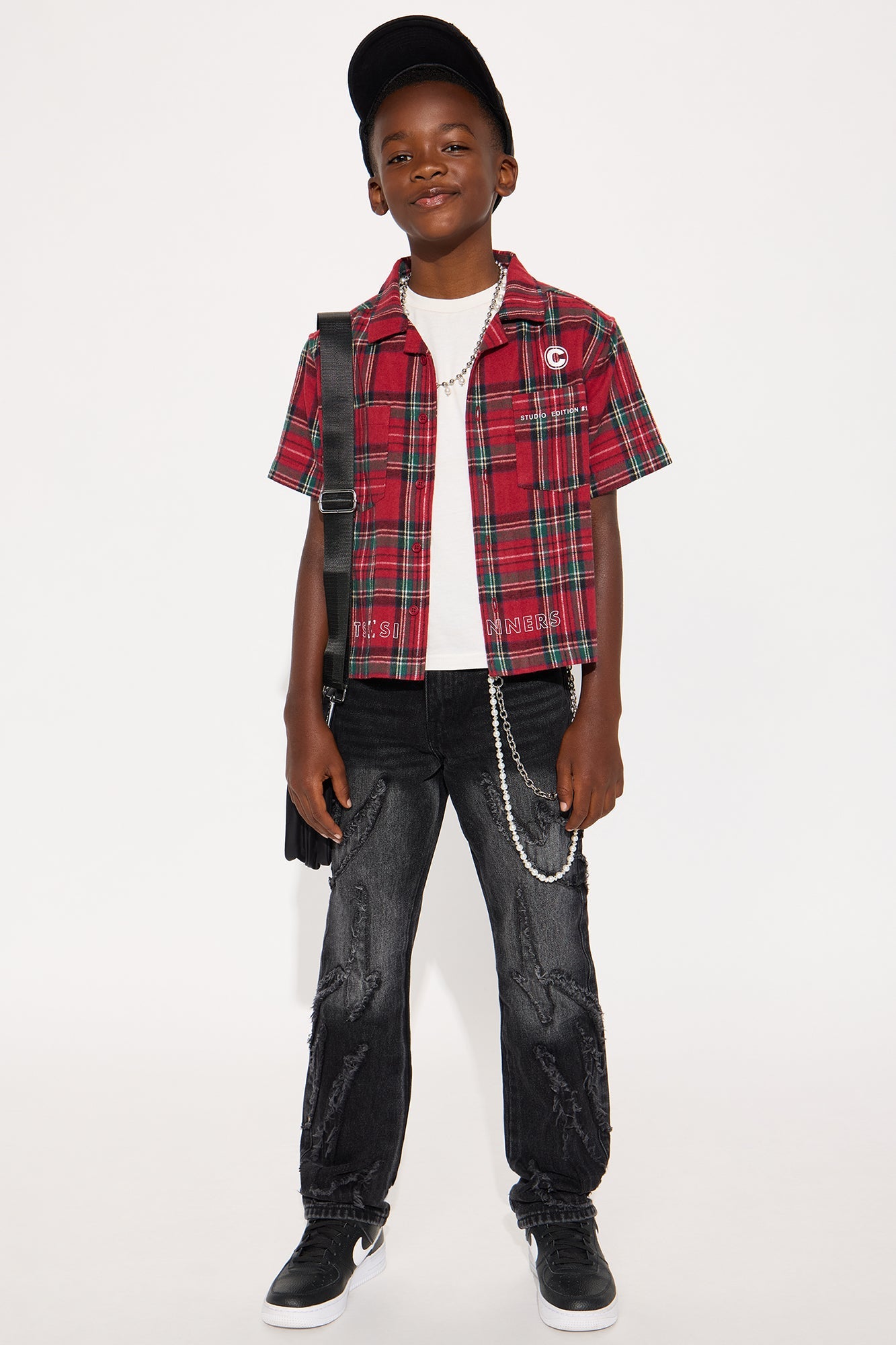 Mini Culture Plaid Cropped Button Up Shirt - Red