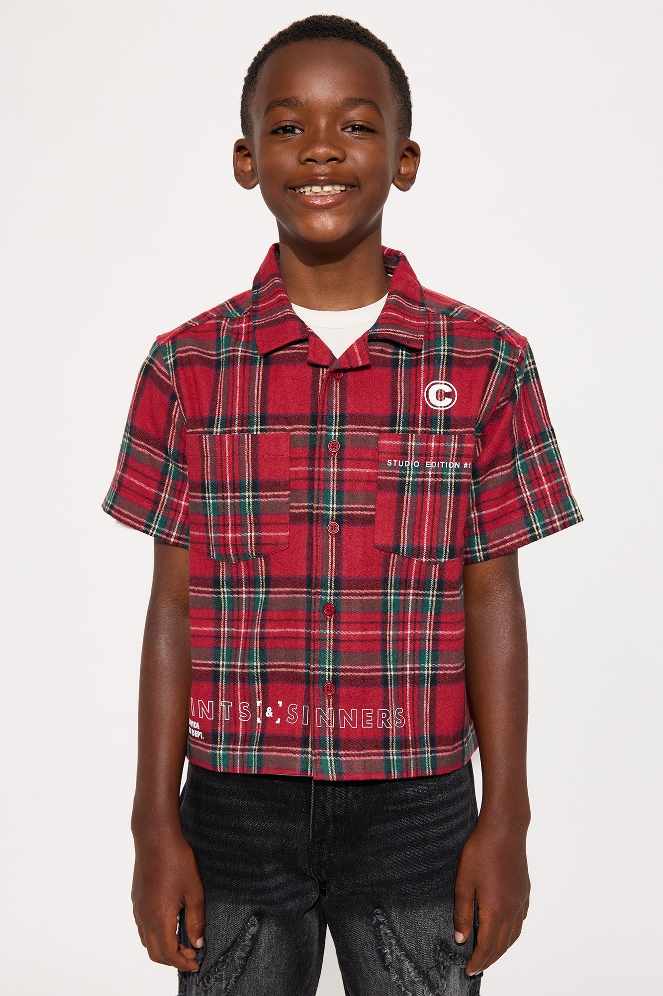 Mini Culture Plaid Cropped Button Up Shirt - Red