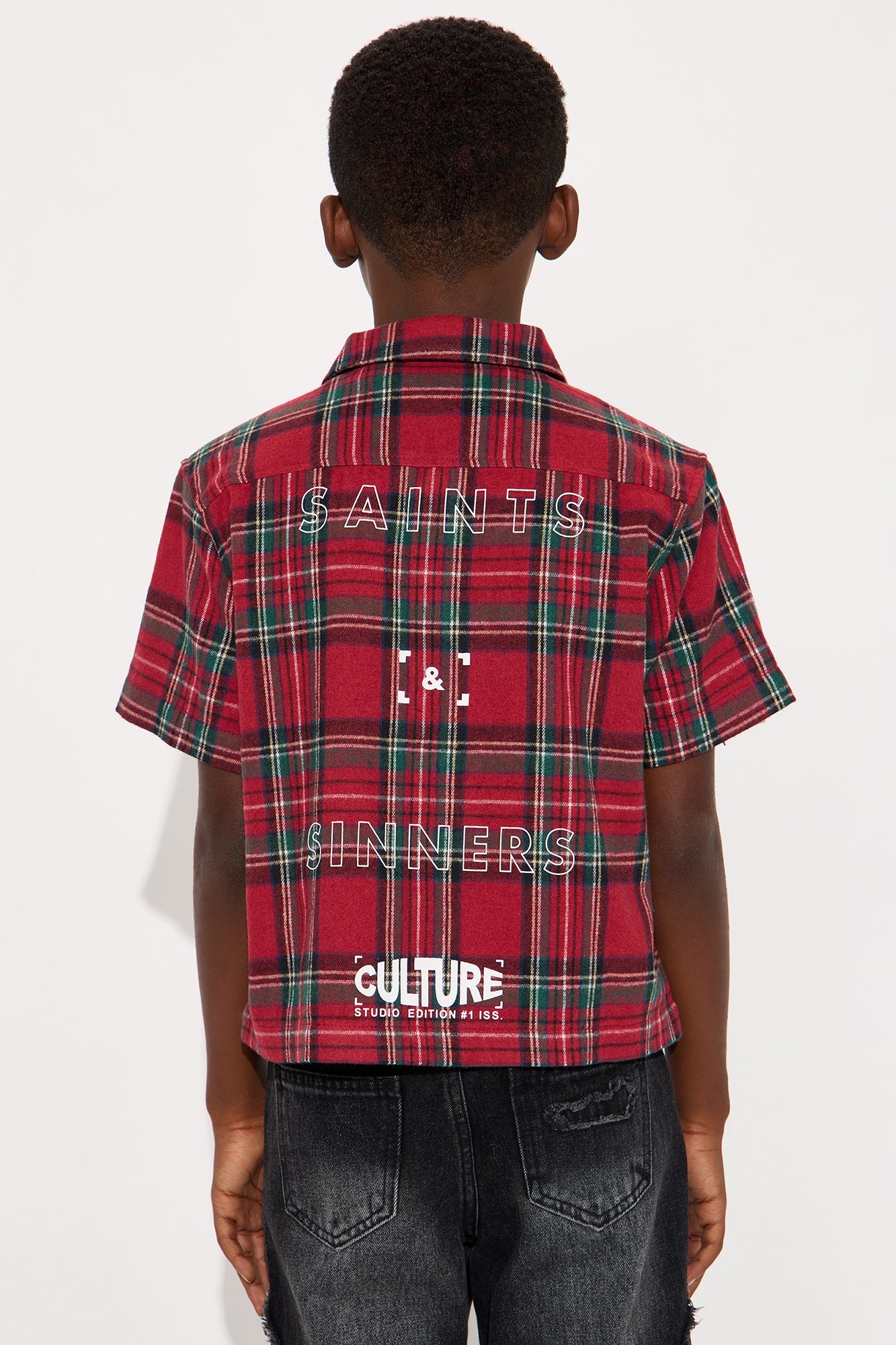 Mini Culture Plaid Cropped Button Up Shirt - Red
