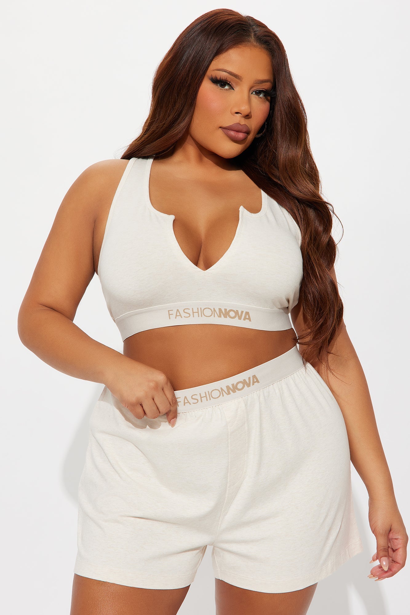 FN Mood Racerback Bralette And Loose Boxer 2 Piece Cotton Set - Oatmeal