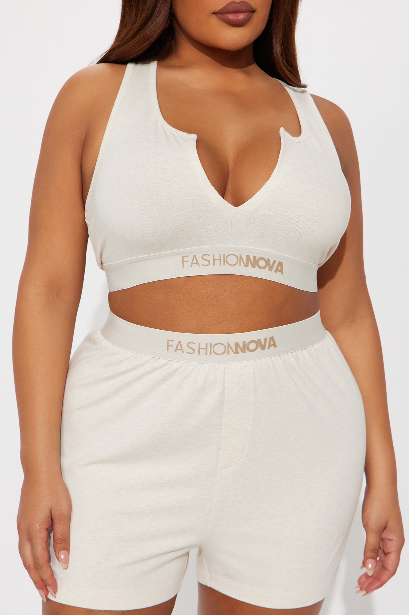 FN Mood Racerback Bralette And Loose Boxer 2 Piece Cotton Set - Oatmeal