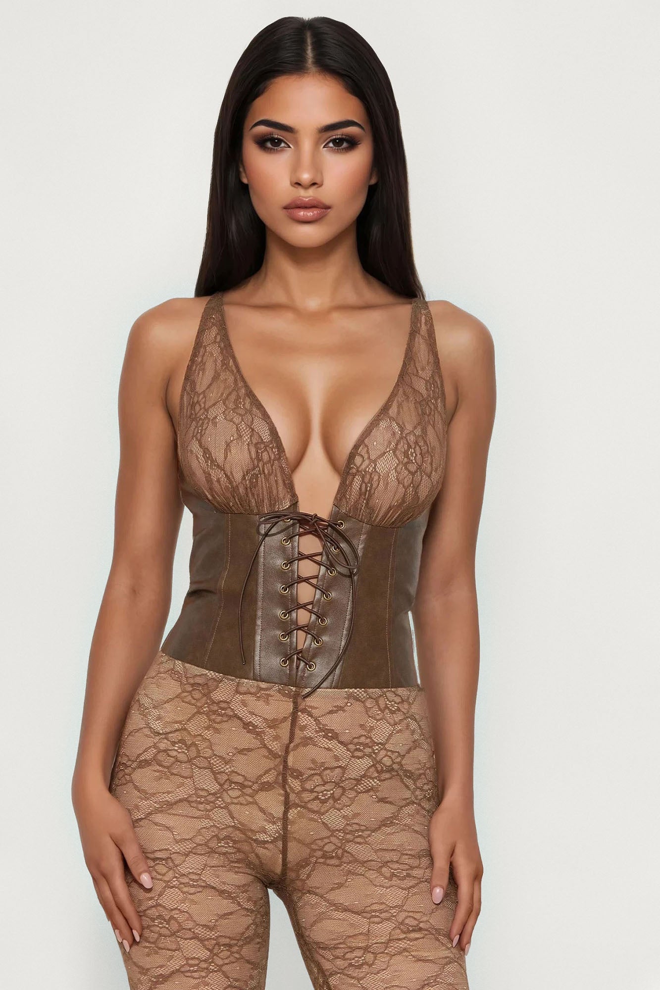 Mahalia Lace And Faux Leather Jumpsuit - Mocha