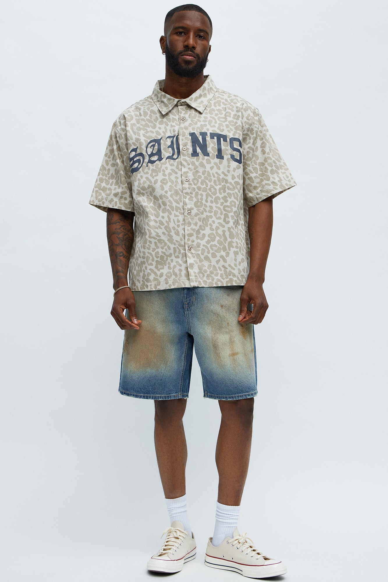 Relaxed Fit Leopard Saints Button Up Shirt - Tan/Multi