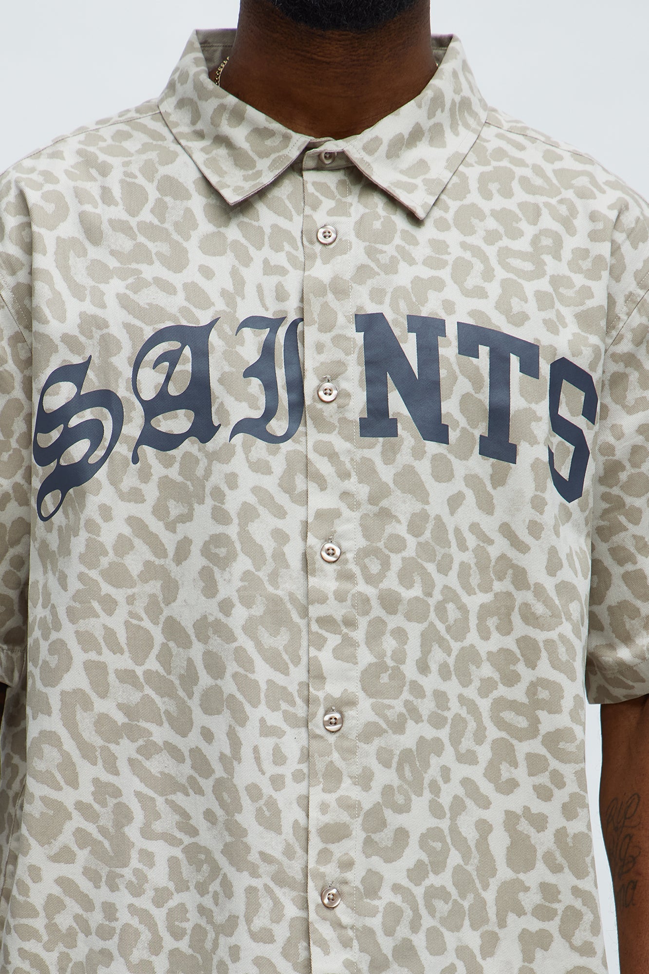 Relaxed Fit Leopard Saints Button Up Shirt - Tan/Multi