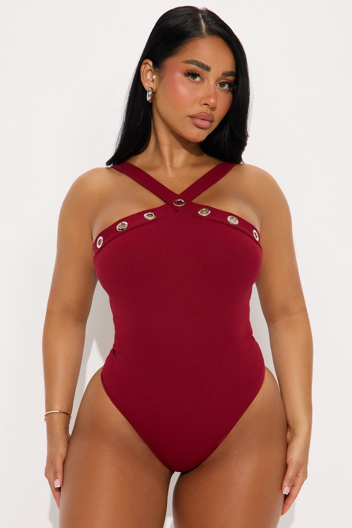 Resist Me Grommet Y-Neck Bodysuit - Burgundy