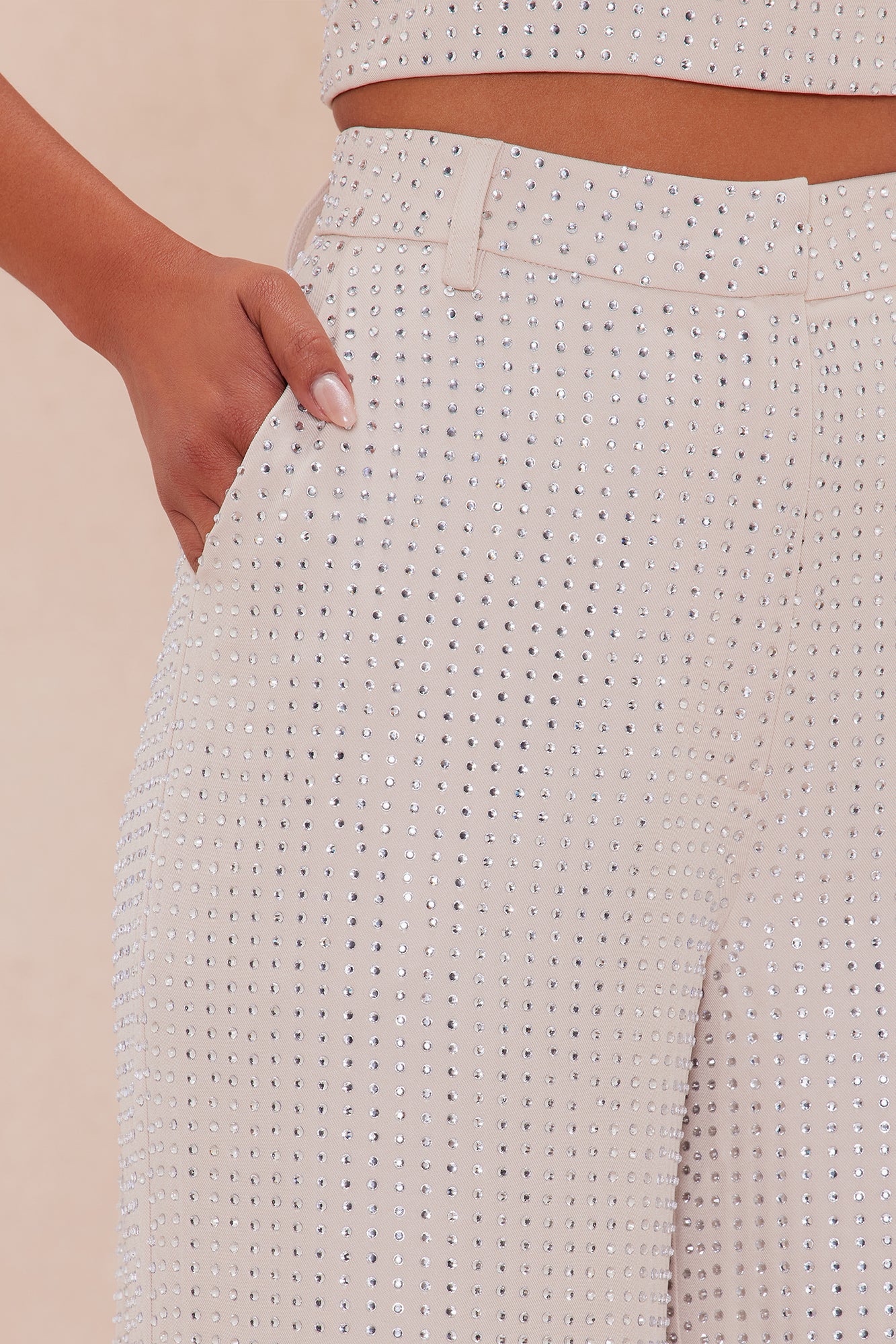 Deena Embellished Wide Leg Pant - Nude
