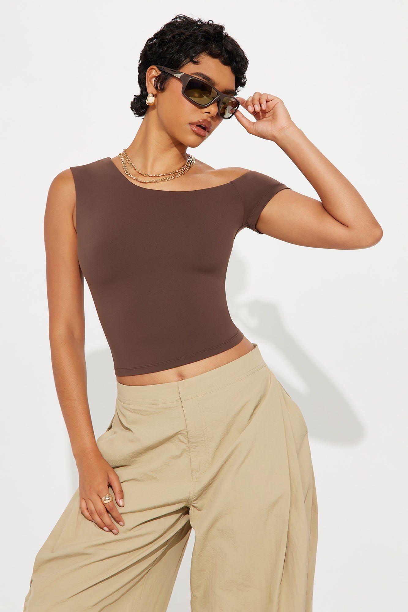 Second Skin Double Lined Off Shoulder Top - Chocolate