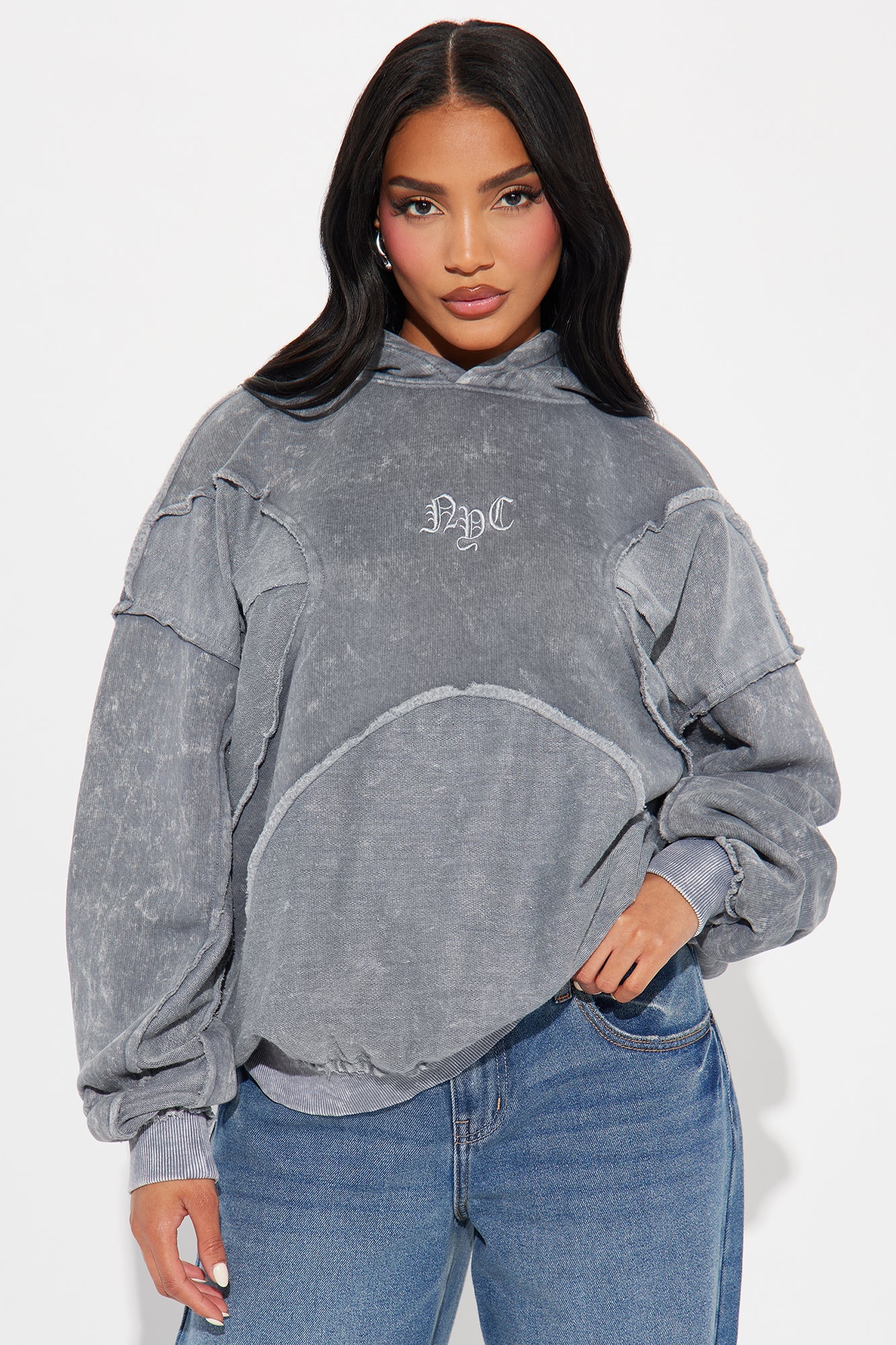New York Washed And Frayed Hoodie - Grey