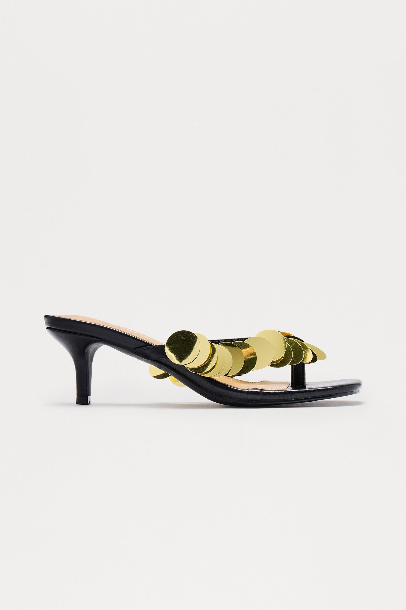 Piranha Sequin Thong Mules - Black/Gold