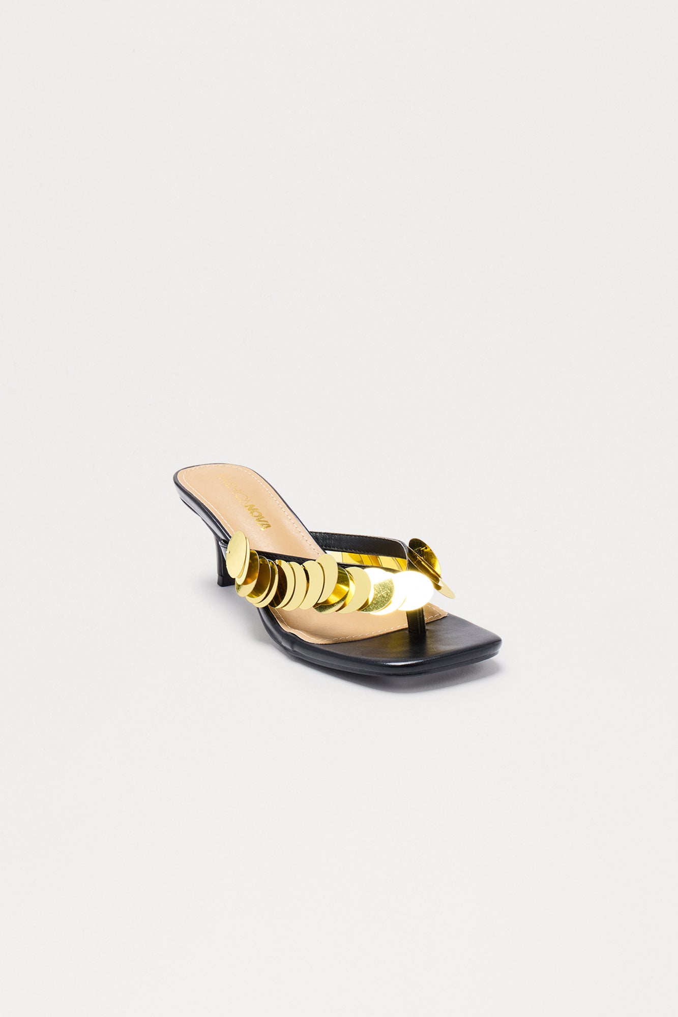 Piranha Sequin Thong Mules - Black/Gold