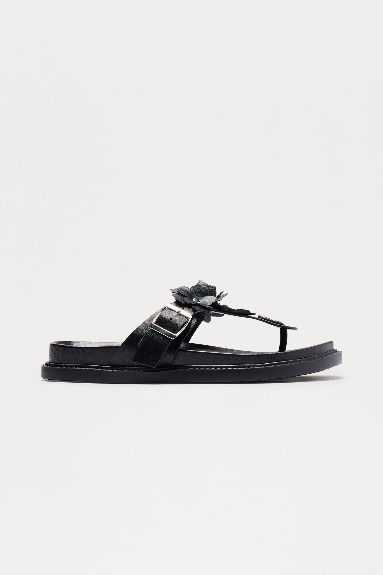 Matcha Buckle Faux Leather Flip Flops - Black