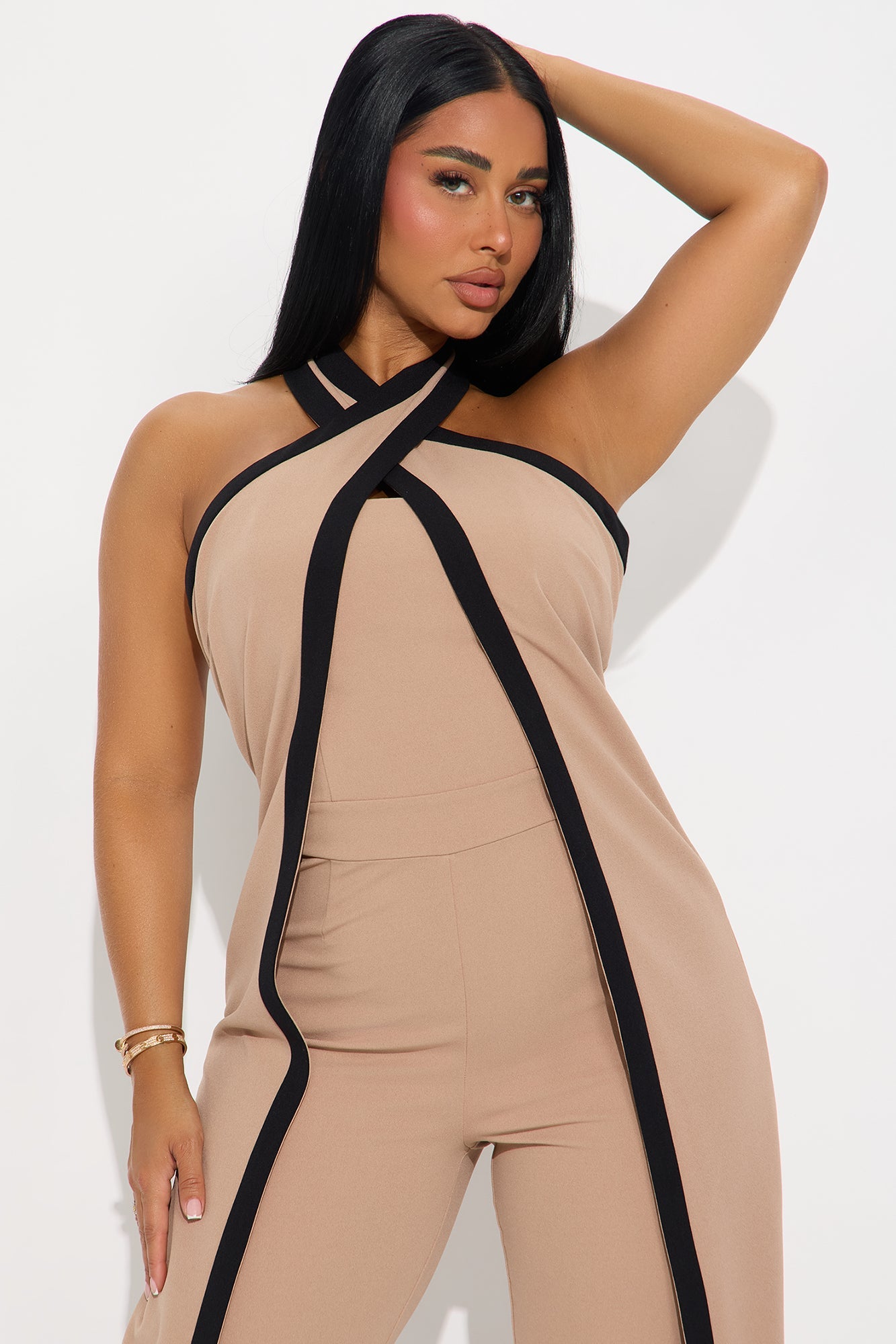 For The Moment Draped Halter Jumpsuit - Taupe/combo