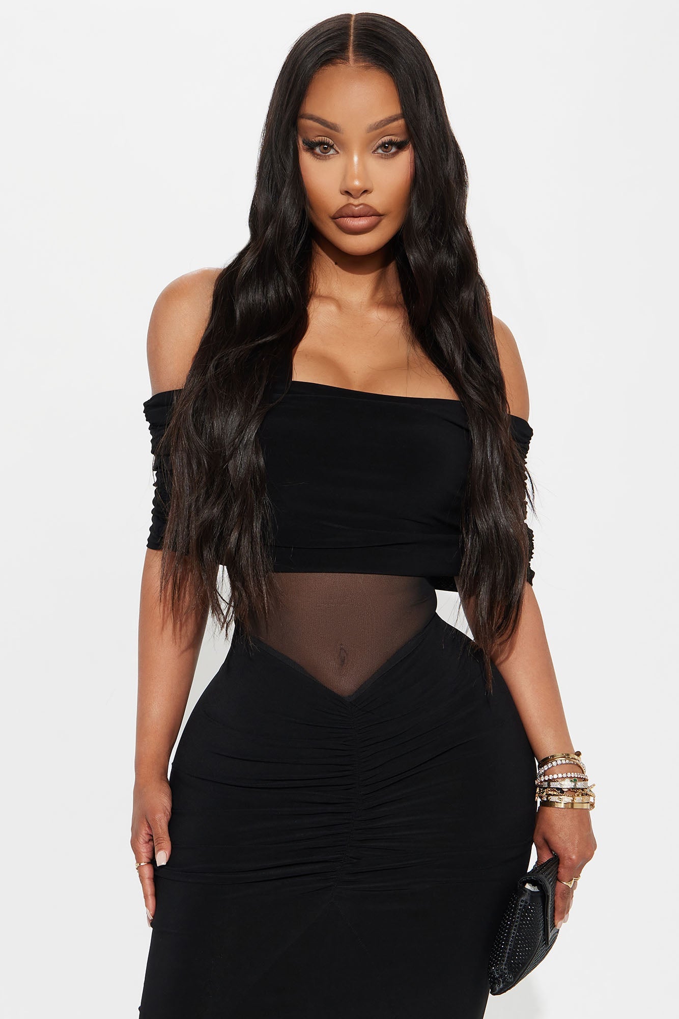 Jesika Ruched Off Shoulder Maxi Dress - Black