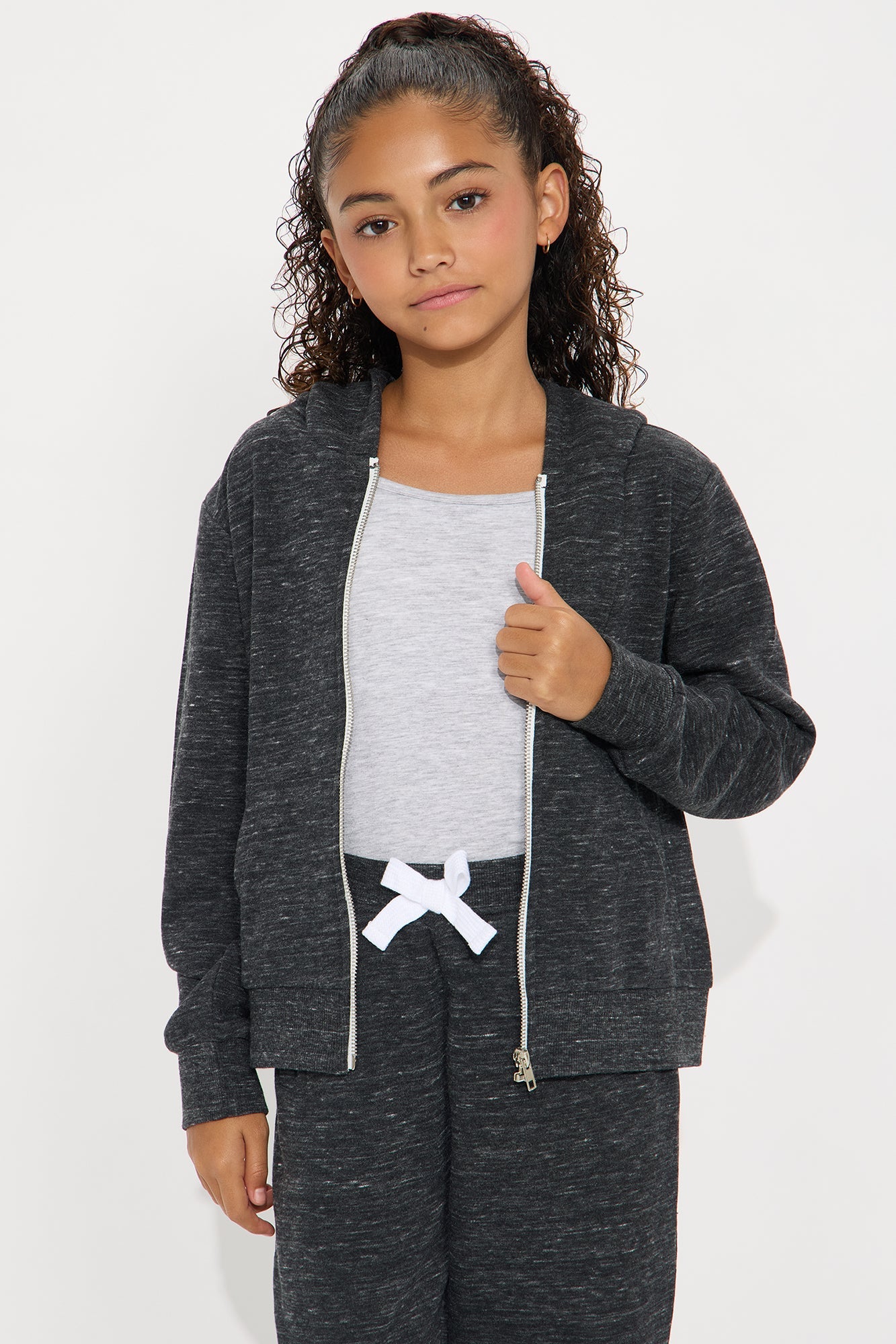 Mini Relaxed Vibe Zip Up Jacket and Jogger Pant Set - Heather Black